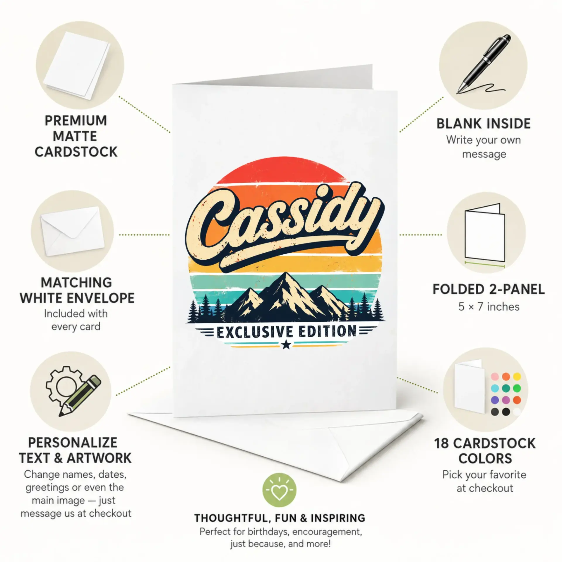 Greeting Card for Cassidy Featuring Retro Sunset Mountain Adventure Design Personalized Name Novelty Stationery