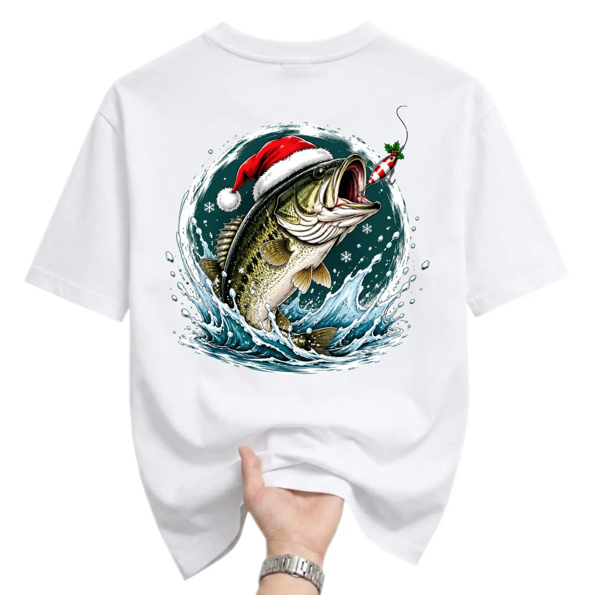 Graphic Tee Unisex Crew Neck Short Sleeve Shirt Featuring Fish Wearing a Santa Claus Hat Fishing Design