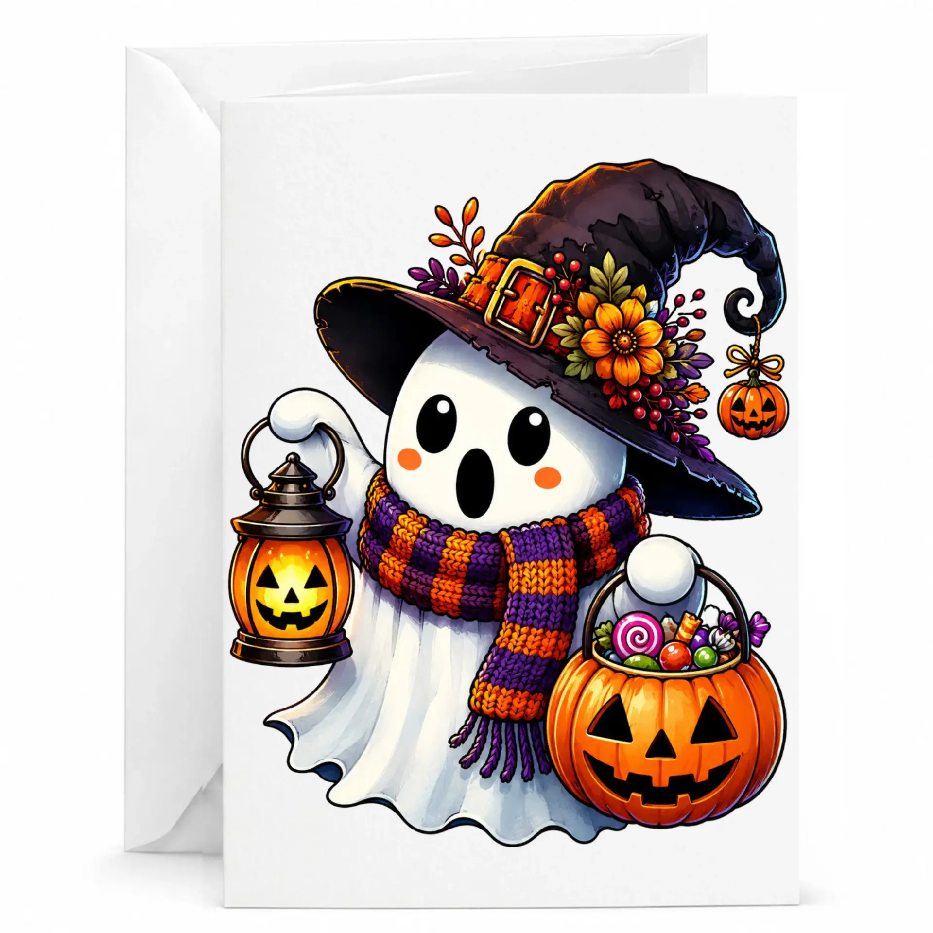 Funny Greeting Card with Autumn Witch Hat and Pumpkin Lantern Design Festive Halloween Holiday Note