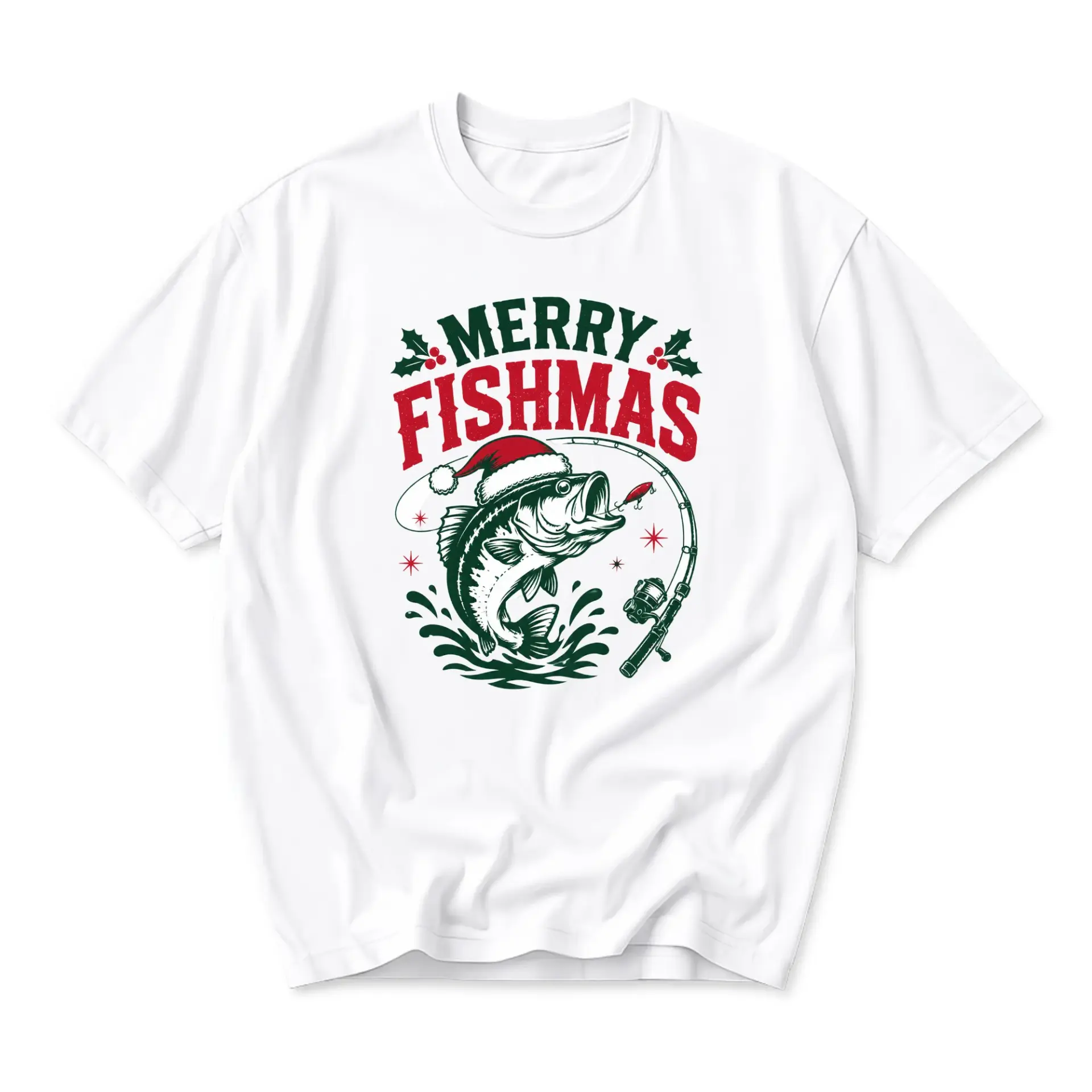 Funny Shirt Merry Fishmas Holiday Fishing Unisex Graphic Printed T-Shirt Casual Everyday Apparel Cotton Blend Tee