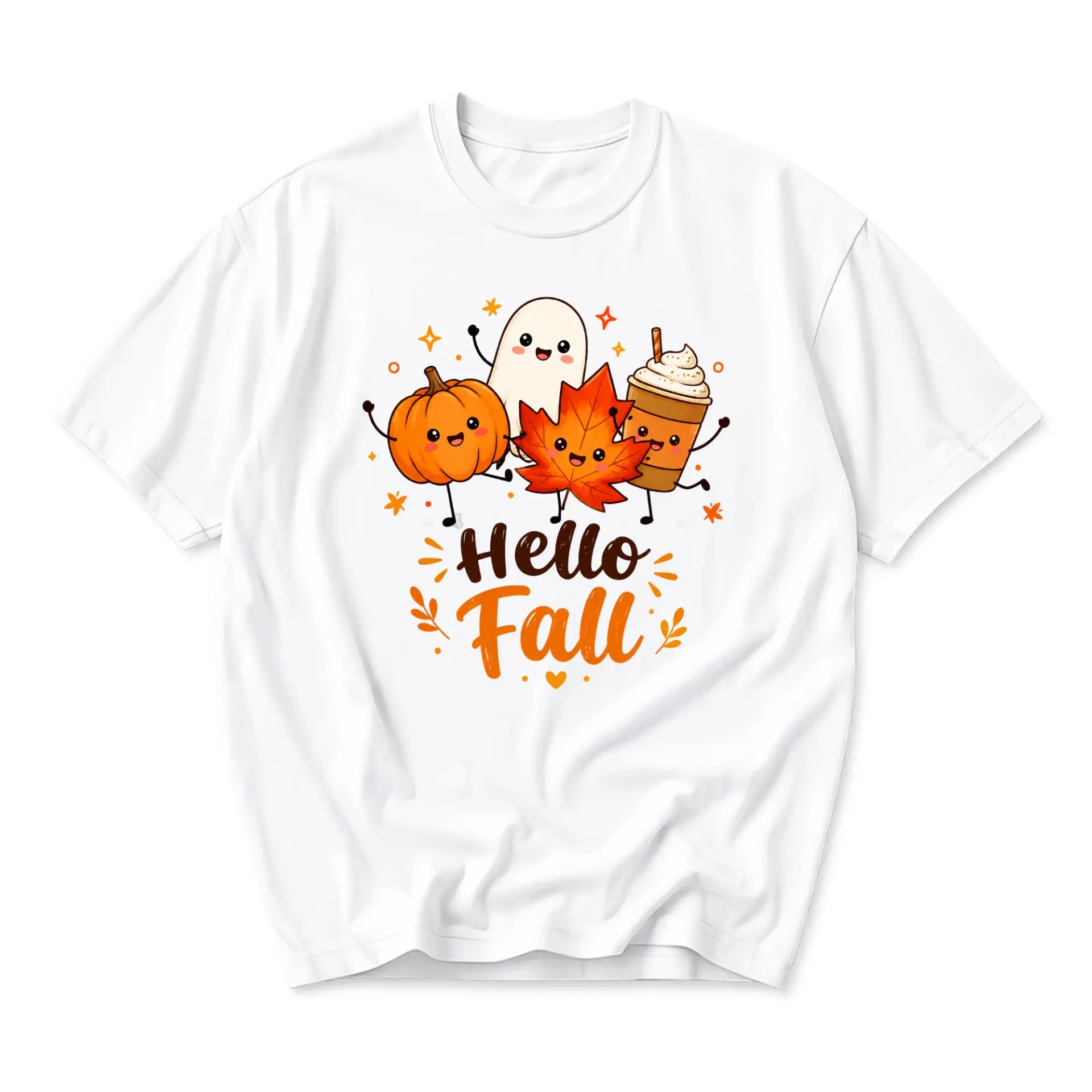 T-shirt Hello Fall Graphic Tee Cute Seasonal Pumpkin Leaf Ghost Coffee Casual Unisex Crew Neck Seasonal Autumn Top