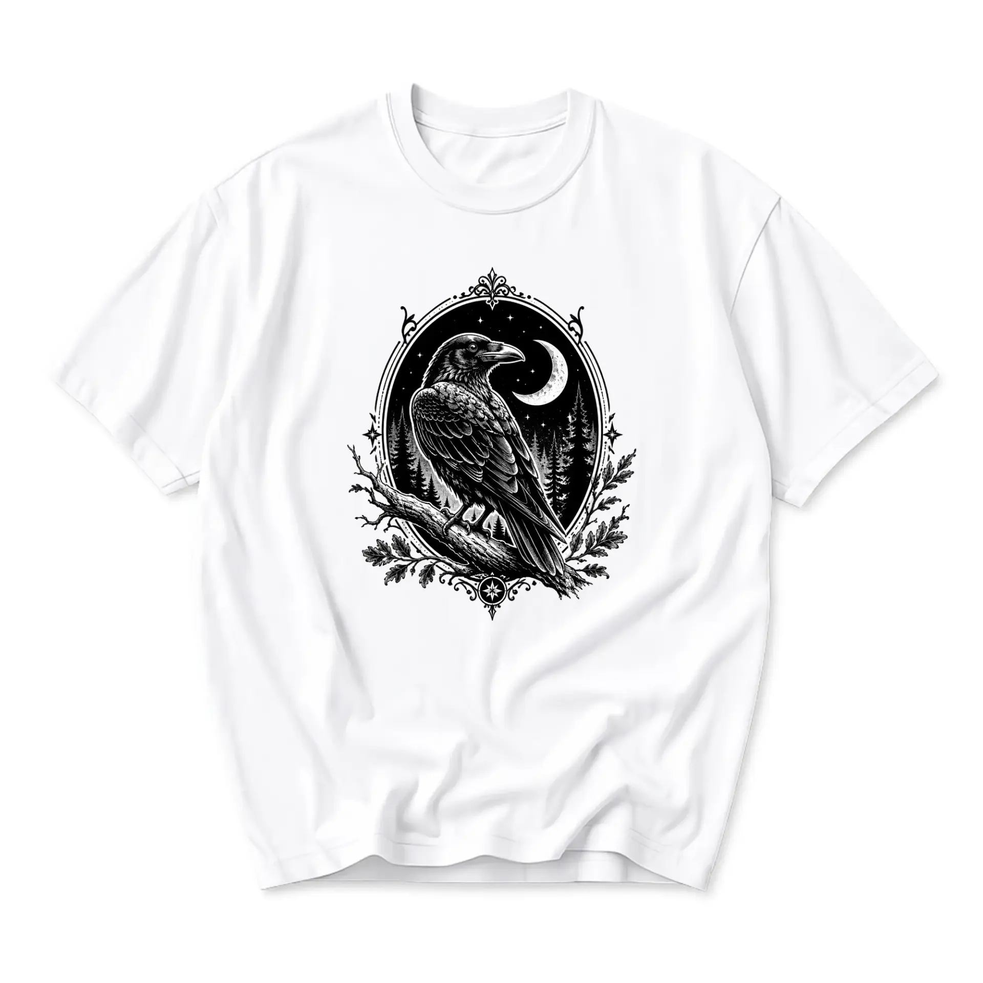 Graphic Tee Unisex Raven Moon Art Print Crew Neck Casual Everyday Short Sleeve Cotton Blend Shirt for All Occasions