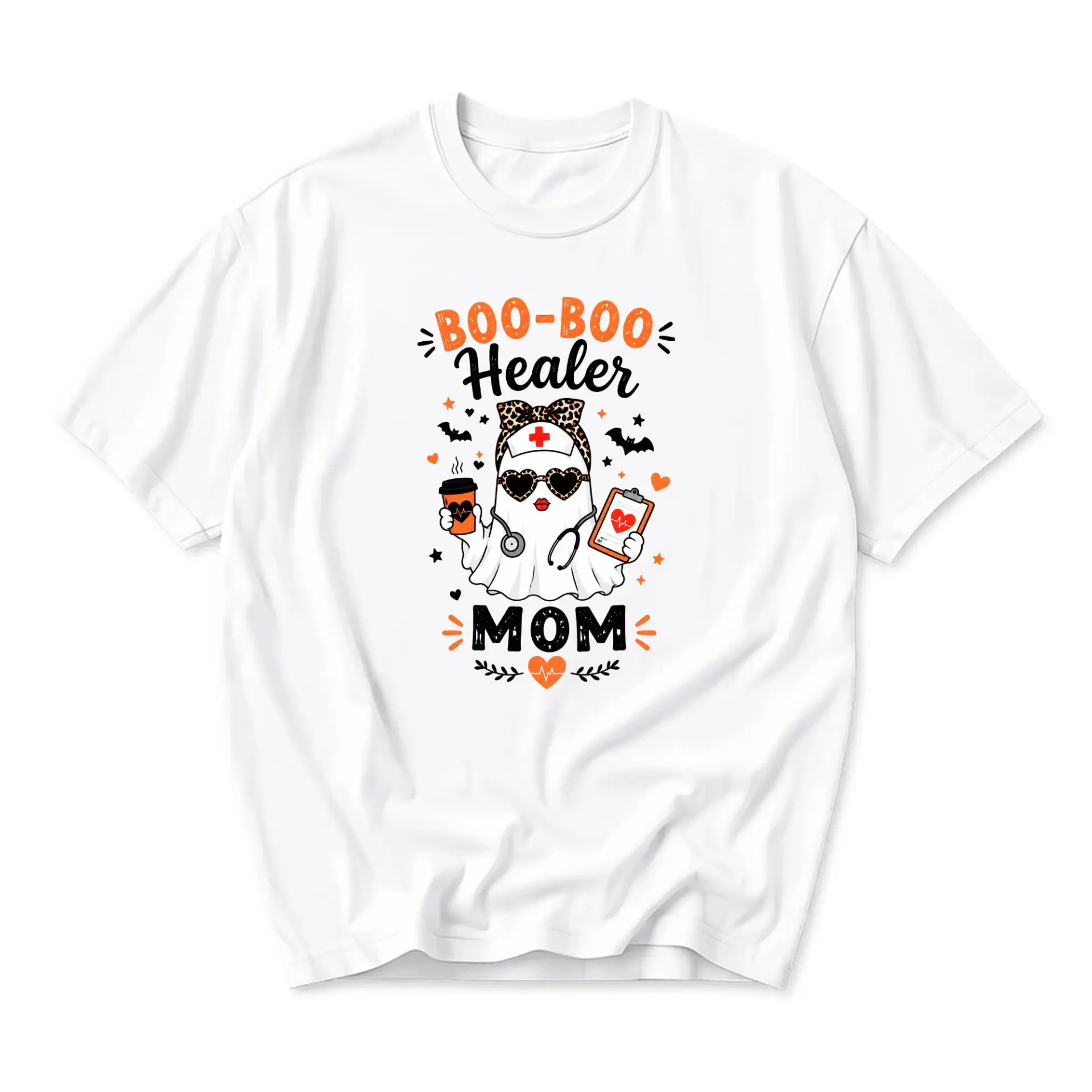 Funny Shirt Boo-Boo Healer Mom Graphic Tee Spooky Ghost Medical Nurse Outfit Unisex Casual Crewneck Cotton Top