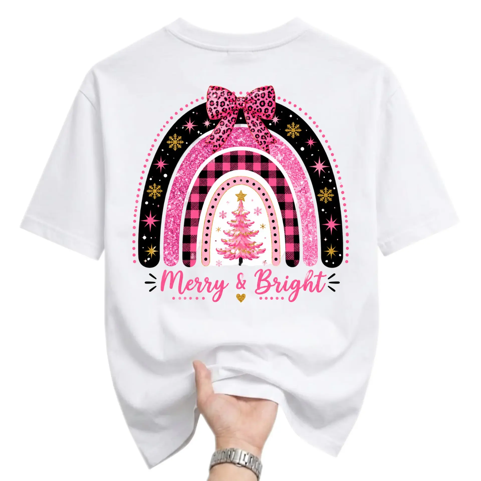 Funny Shirt Merry and Bright Christmas Rainbow Graphic Print Casual Cotton Blend Unisex Crew Neck Short Sleeve Tee Top