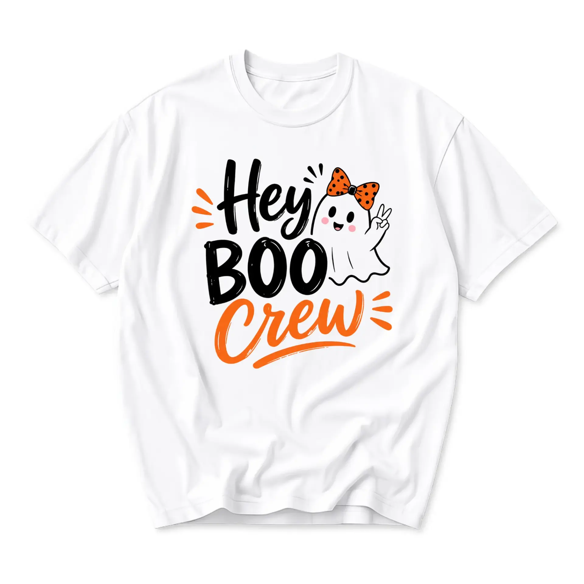 Funny Shirt Hey Boo Crew Graphic Tee Cute Ghost Illustration Unisex Casual Cotton Blend Short Sleeve Halloween Top