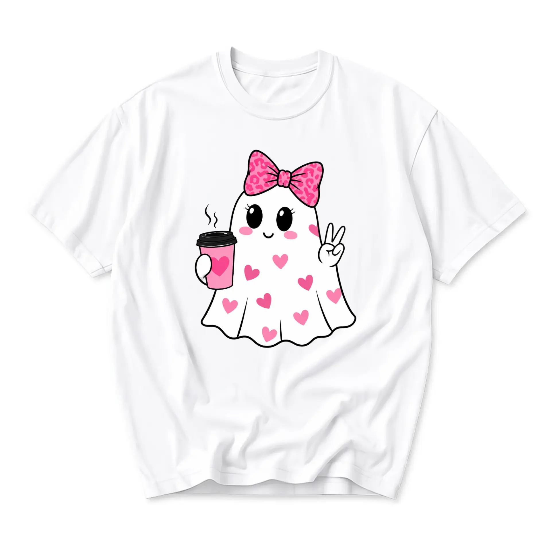 Graphic Tee Unisex Ghost Shirt Pink Heart Aesthetic Crew Neck Short Sleeve Cotton Blend Everyday Casual Apparel