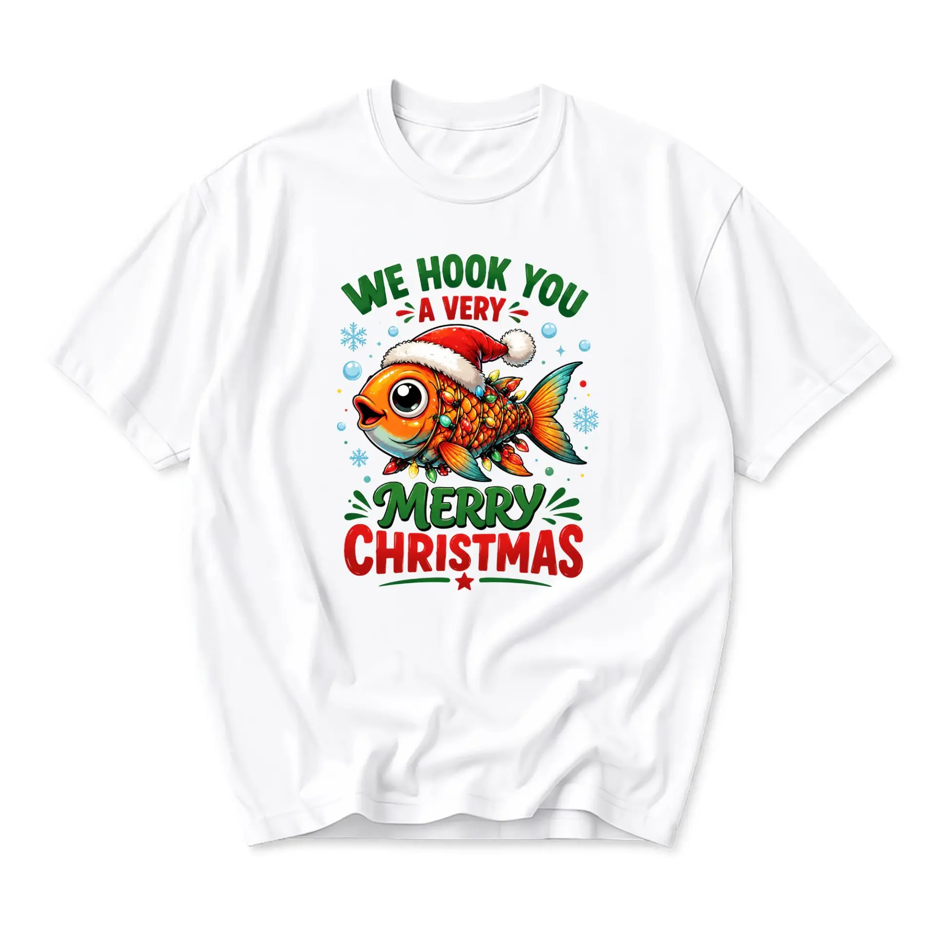 Funny Shirt We Hook You a Merry Christmas Graphic Tee Holiday Fishing Themed Unisex Crew Neck Casual White T-Shirt