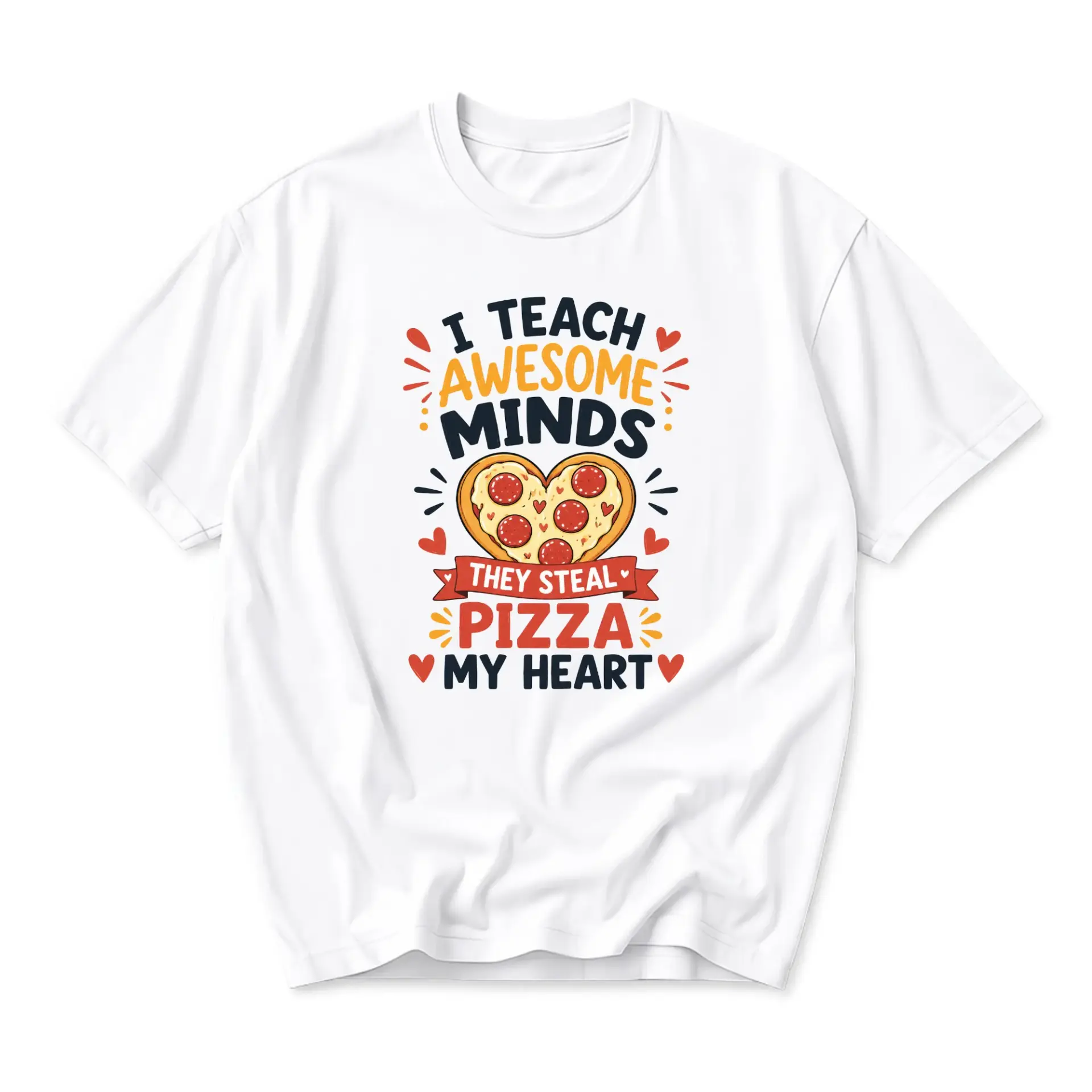 Funny Shirt I Teach Awesome Minds Pizza My Heart Graphic Tee Unisex Crew Neck Casual Everyday Cotton Apparel