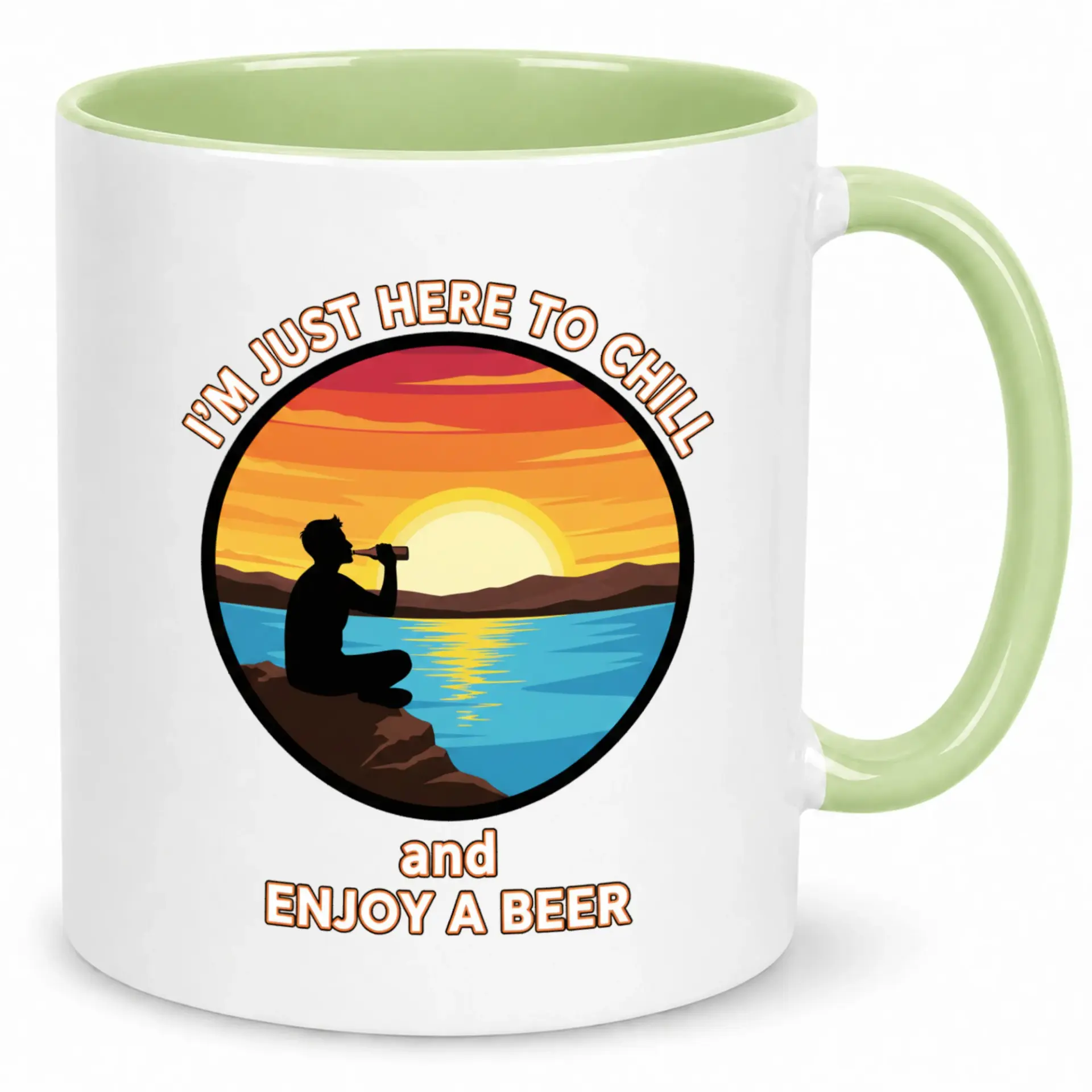 Funny Coffee Mug, Relaxing Outdoor Sunset Beer Design Ceramic Beverage Cup, 11oz or 15oz White Glossy Finish Drinkware, Ideal for Leisure