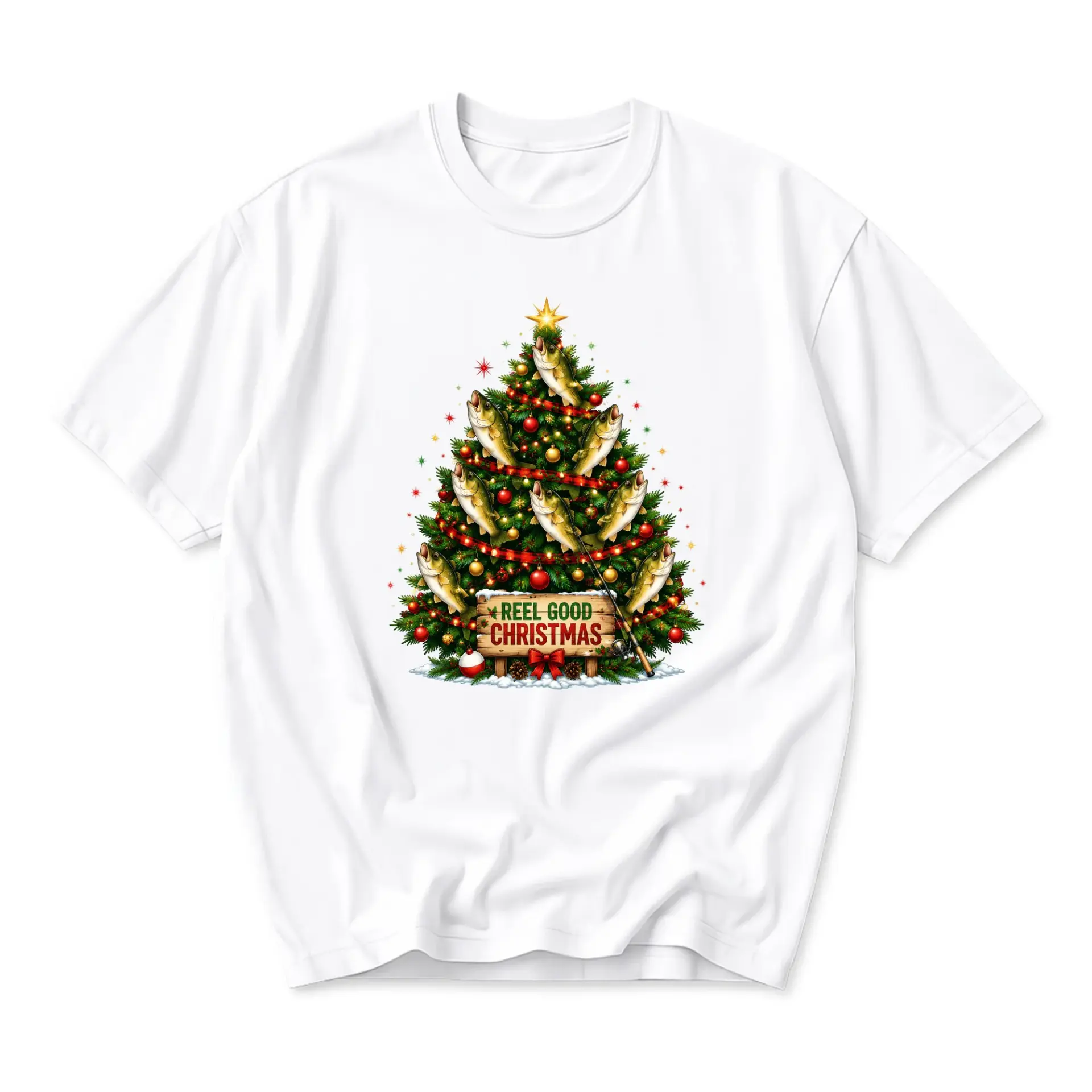Funny Shirt Reel Good Christmas Fishing Graphic Tee Holiday Tree Design Unisex Casual Crew Neck Soft Cotton Apparel