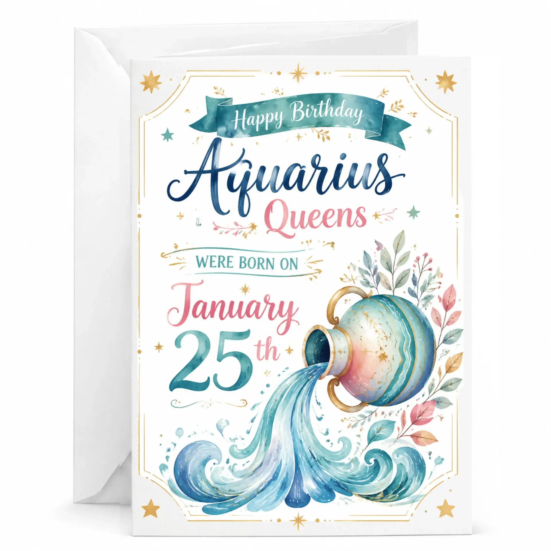 Birthday Card Aquarius Queens January 25th Design Celestial Zodiac Themed Greeting Card with Matching White Envelope