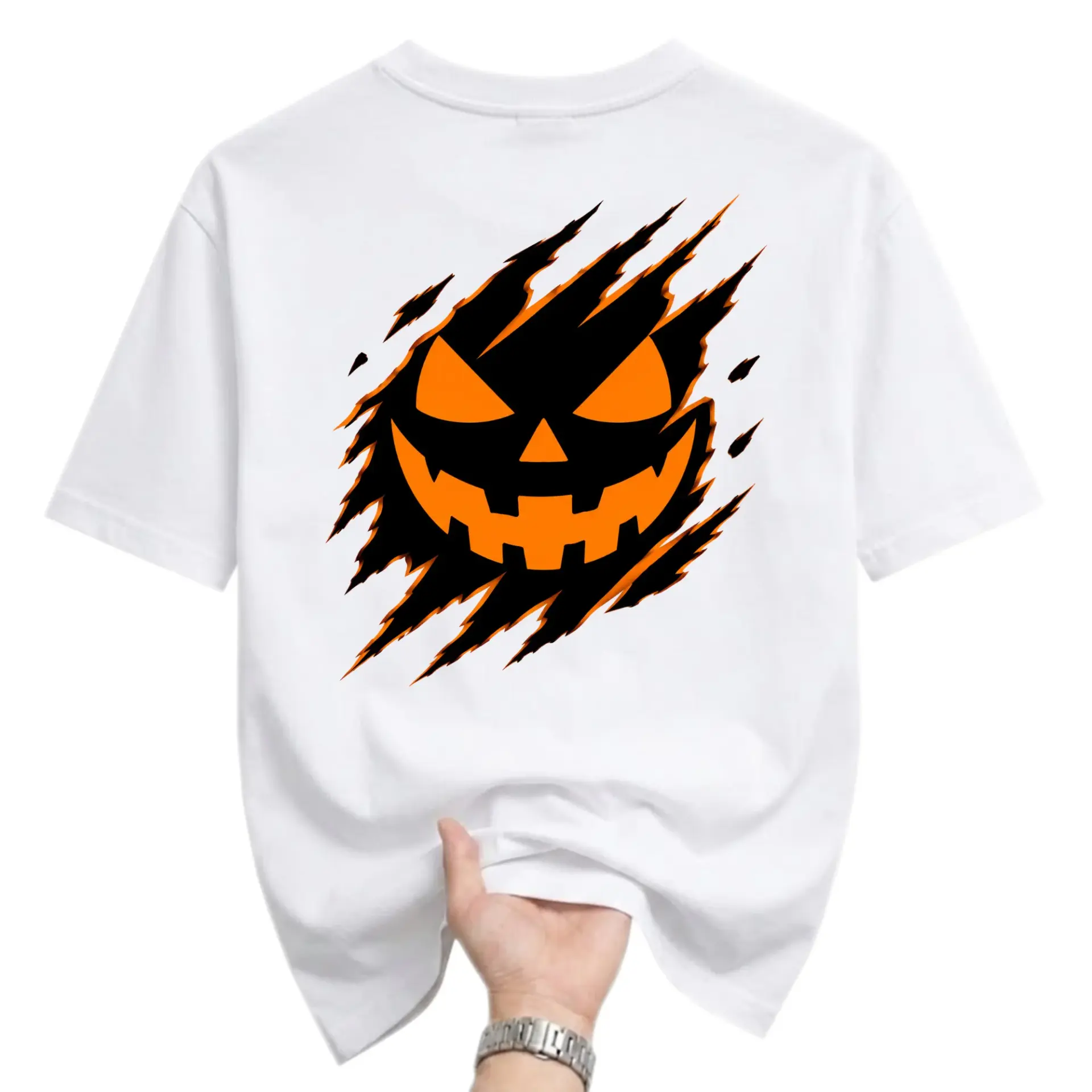 Graphic Tee Unisex Crew Neck T-Shirt Featuring Spooky Halloween Jack-O-Lantern Claw Mark Design for Casual Wear