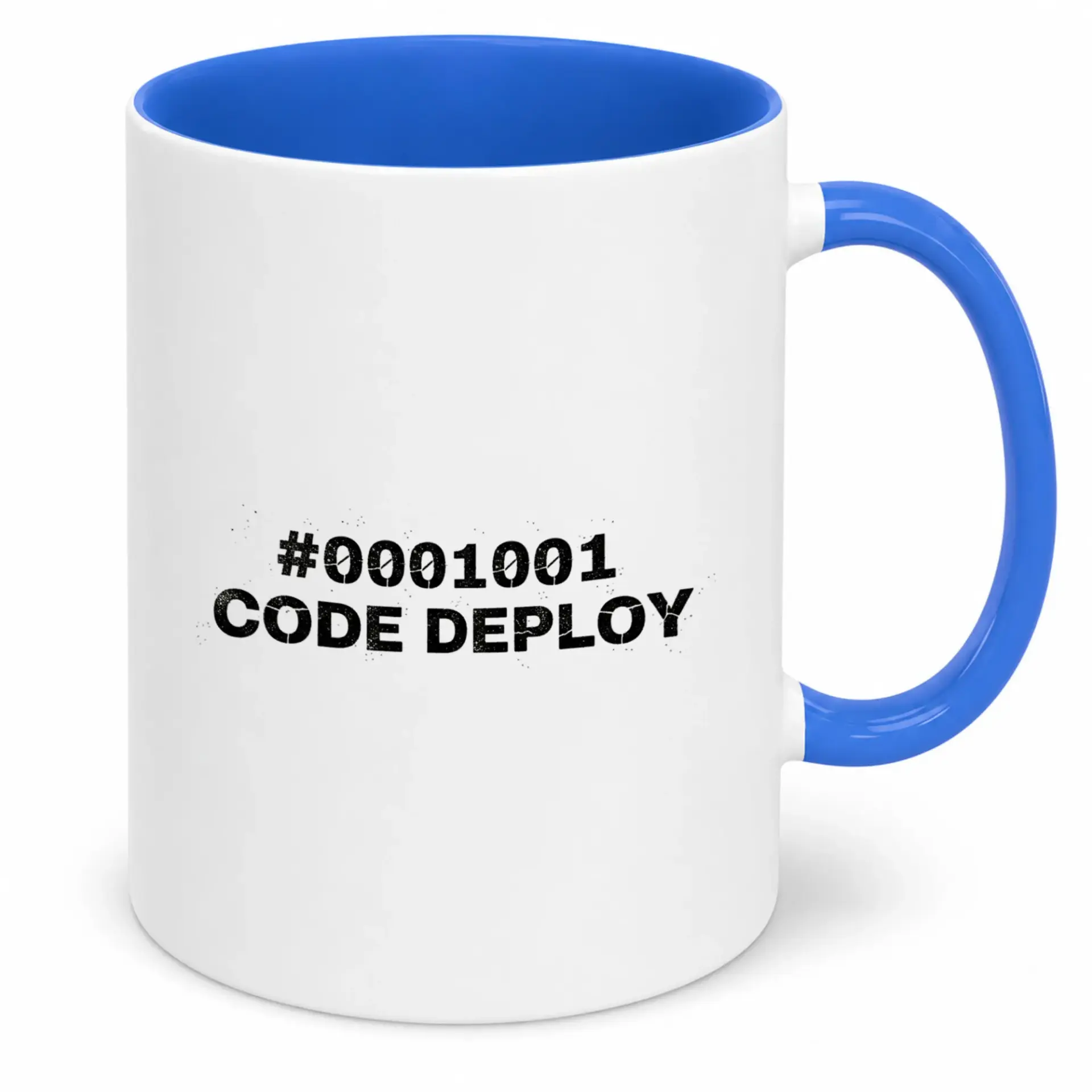 Funny Code Deploy Ceramic Coffee Mug with Blue Handle and Interior - Unique Programmer Developer Gift for Tech Enthusiasts