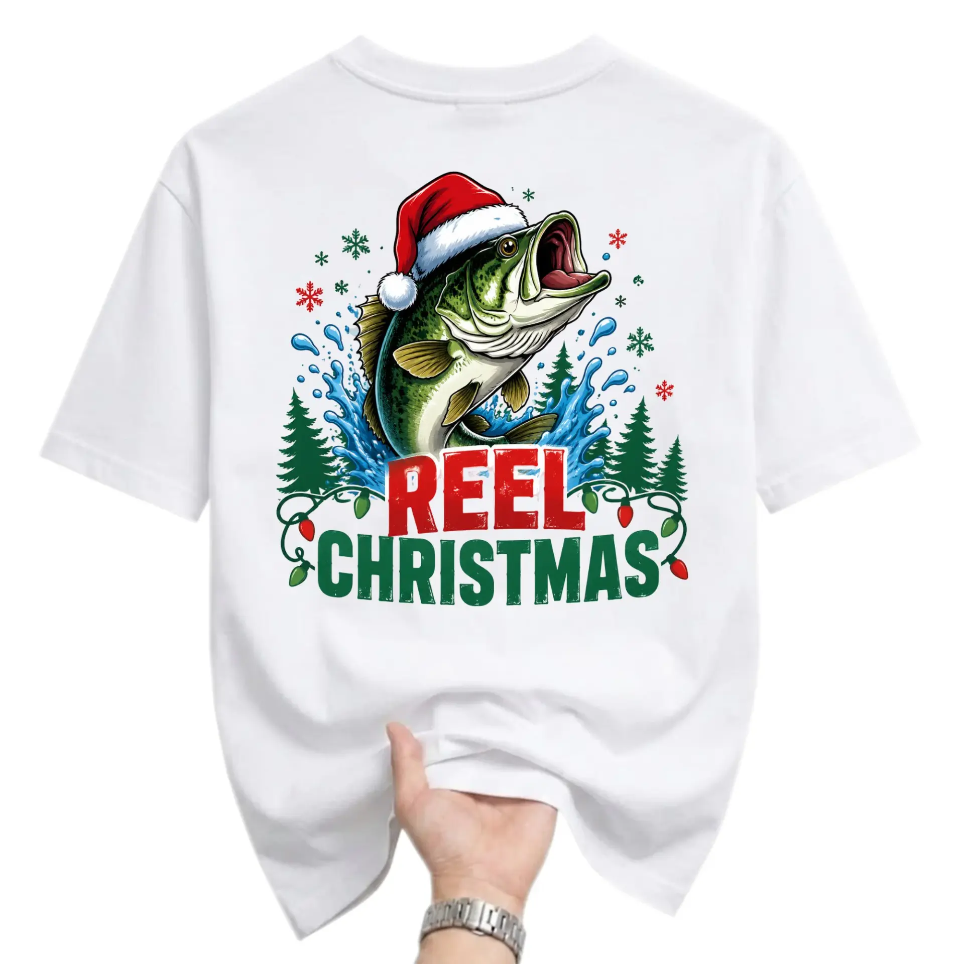 Funny Shirt Reel Christmas Fishing Graphic Tee Holiday Season Crew Neck