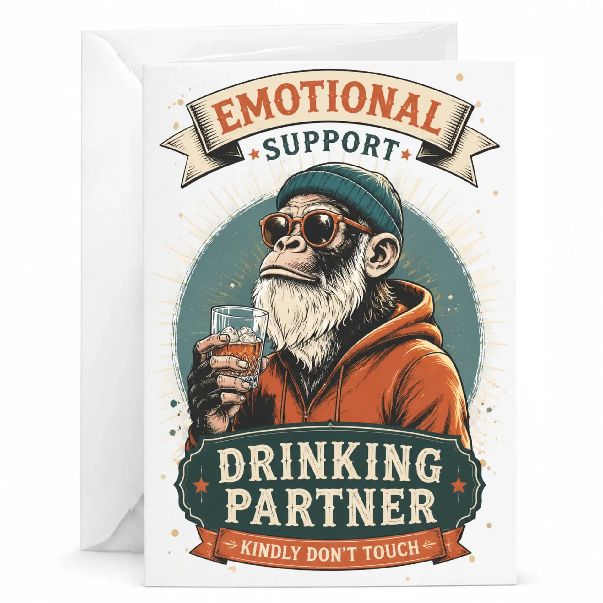Funny Emotional Support Drinking Partner Greeting Card Humorous Illustrated Ape with Whiskey Print