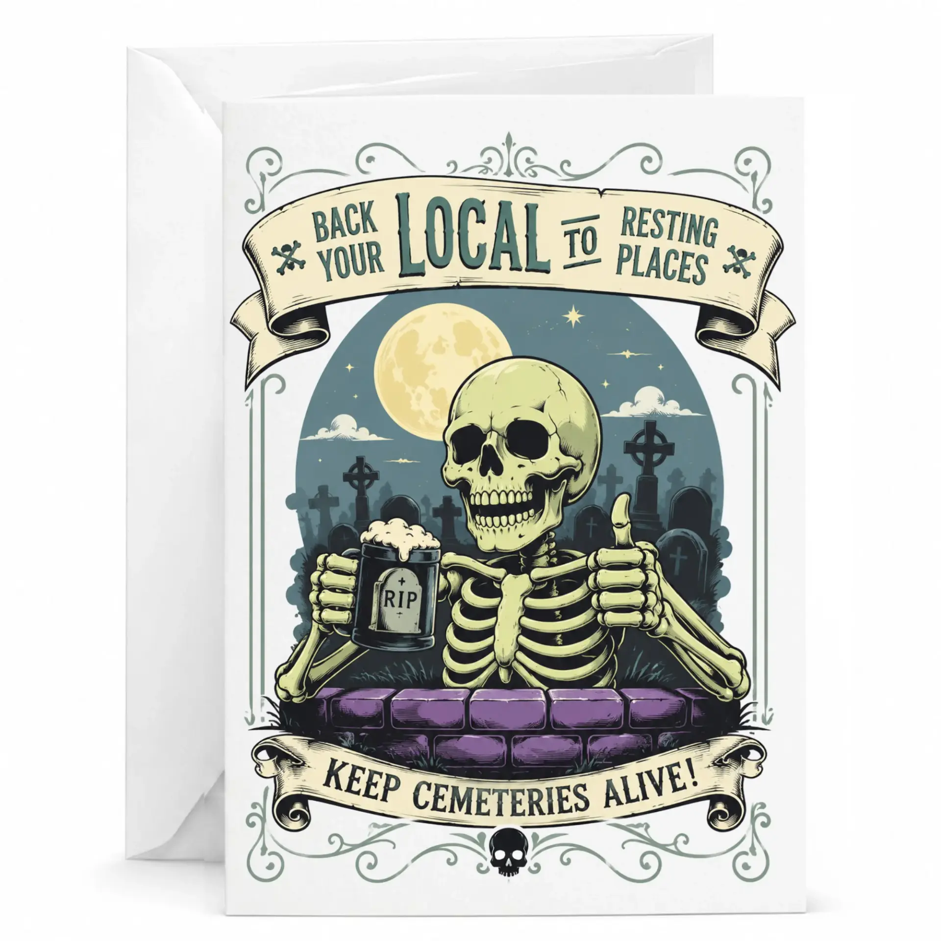 Funny Greeting Card Back Your Local Resting Places Skeleton Holding Beer Mug Artwork for Birthday and Occasion Note