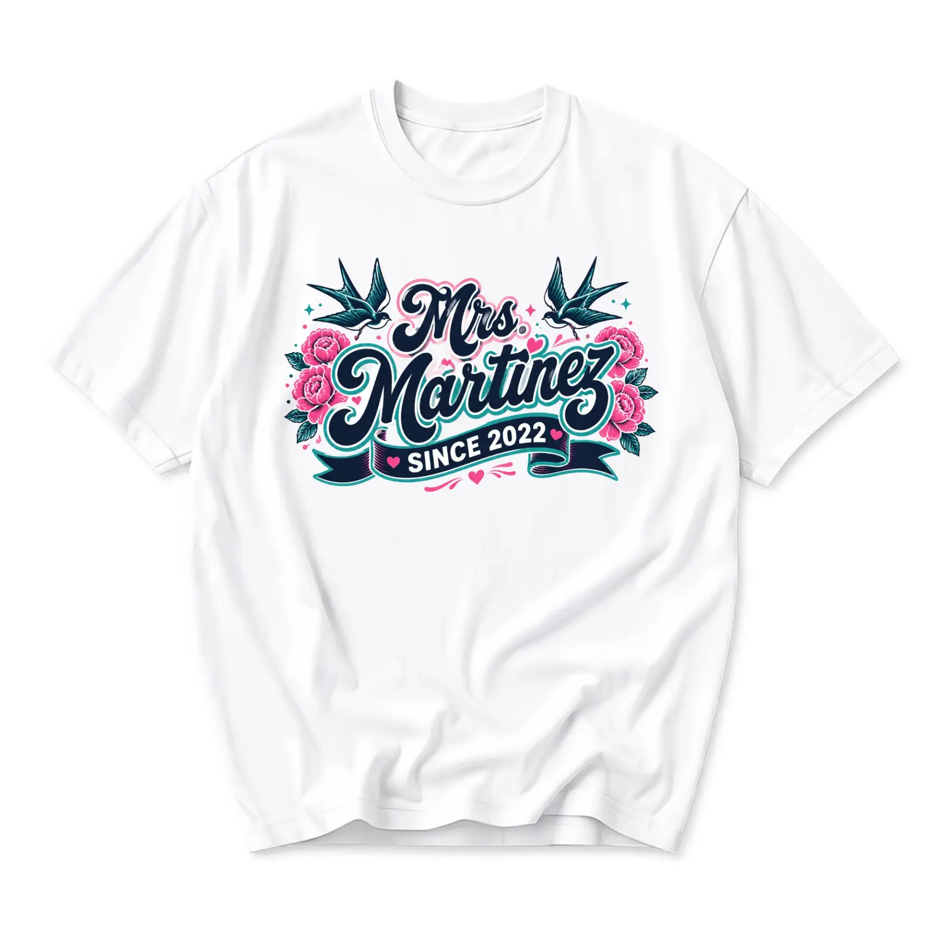 T-shirt Mrs Martinez Since 2022 Graphic Tee Retro Style Floral Swallow Bird Design Unisex Crew Neck Everyday Top
