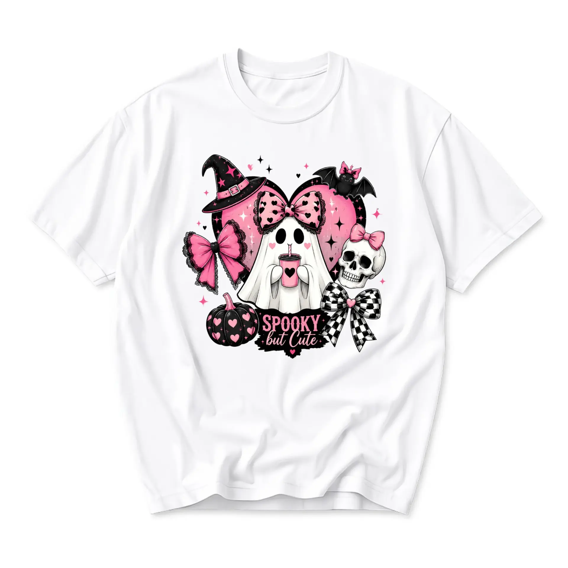 Graphic Tee Spooky but Cute Halloween Shirt Aesthetic Ghost and Skull Unisex Crew Neck Casual Cotton Blend Top