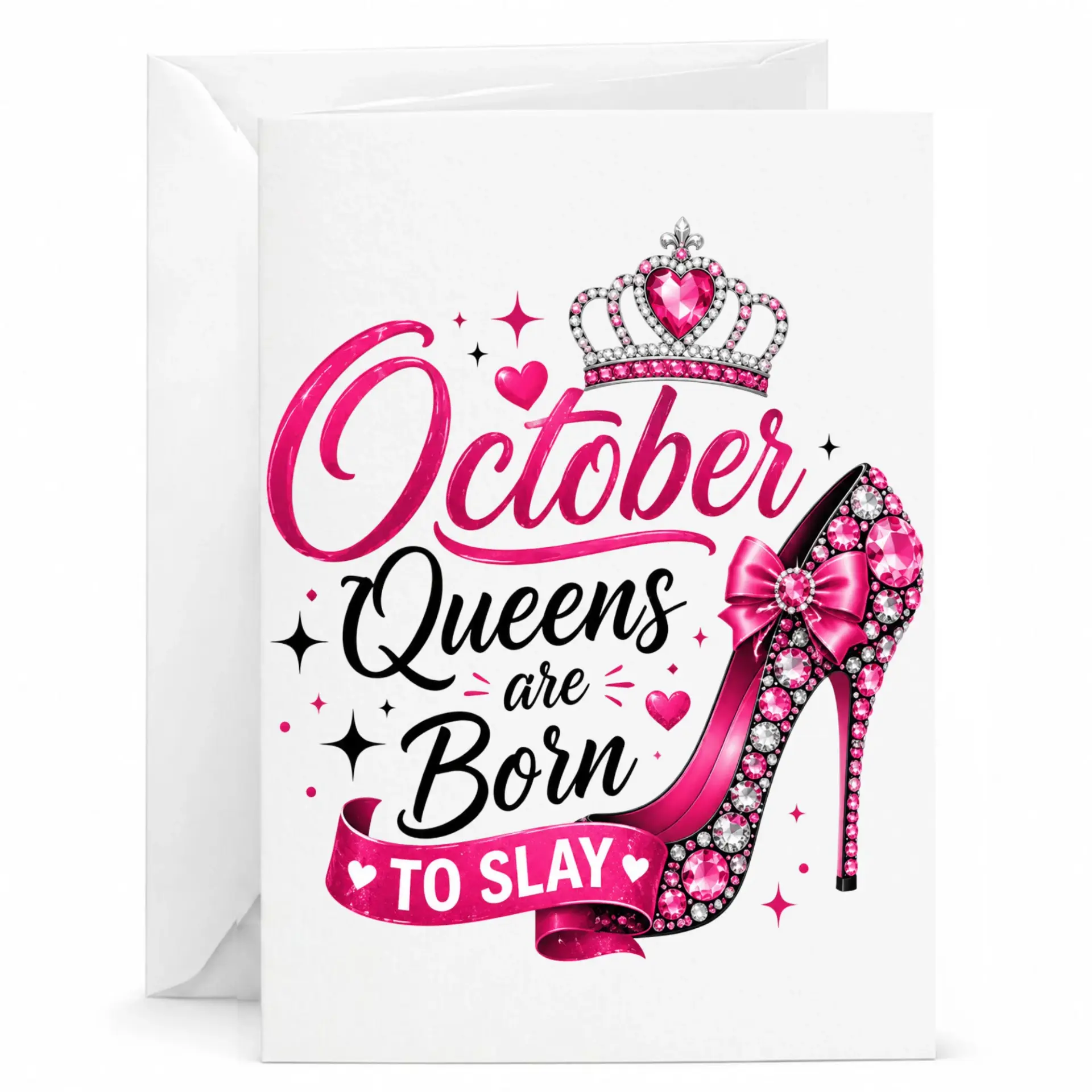 Greeting Card October Queens Are Born to Slay with Pink Stiletto Heel and Crown Illustration Birthday Card