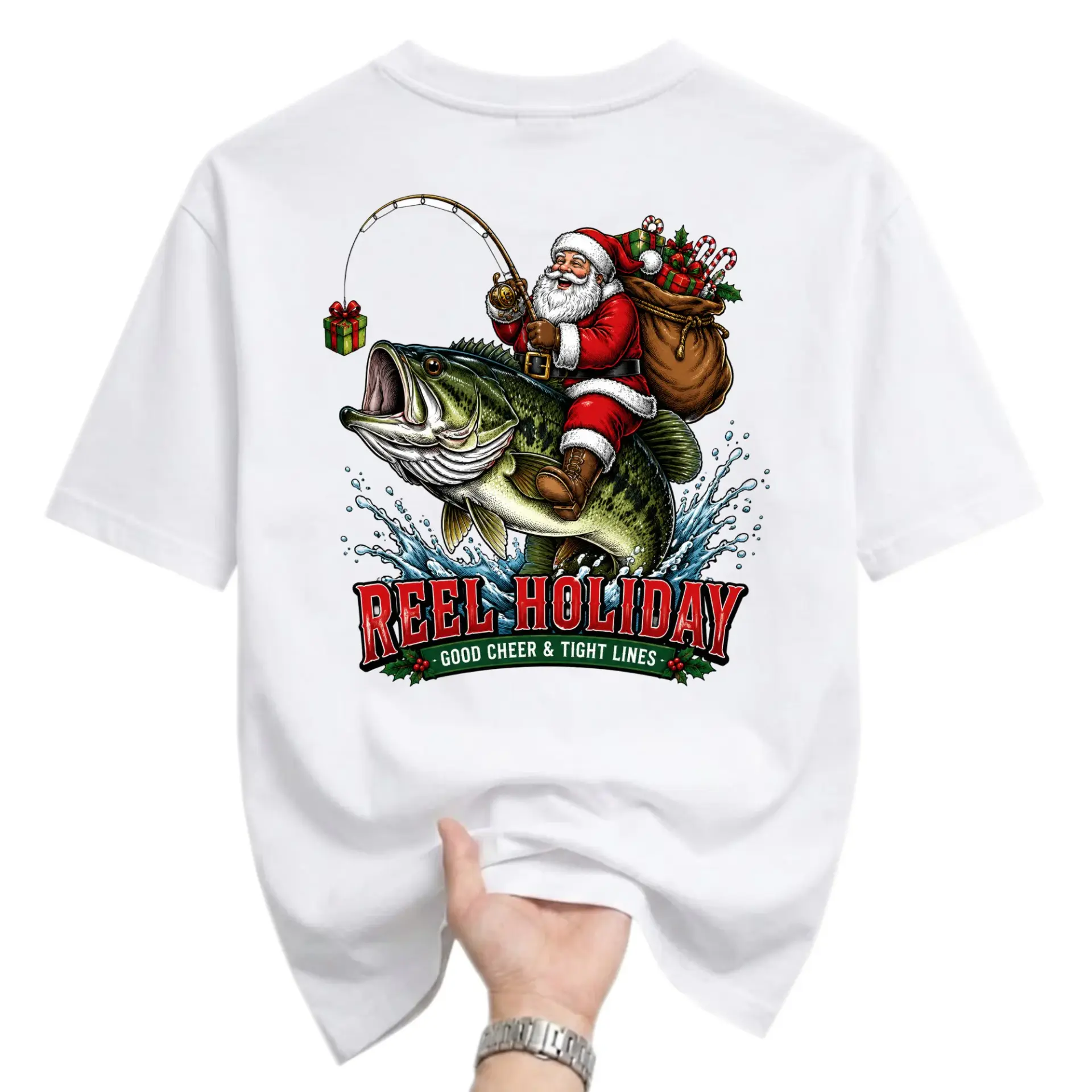 Graphic Tee Reel Holiday Fishing Santa Unisex T-Shirt Seasonal Sporty Humor