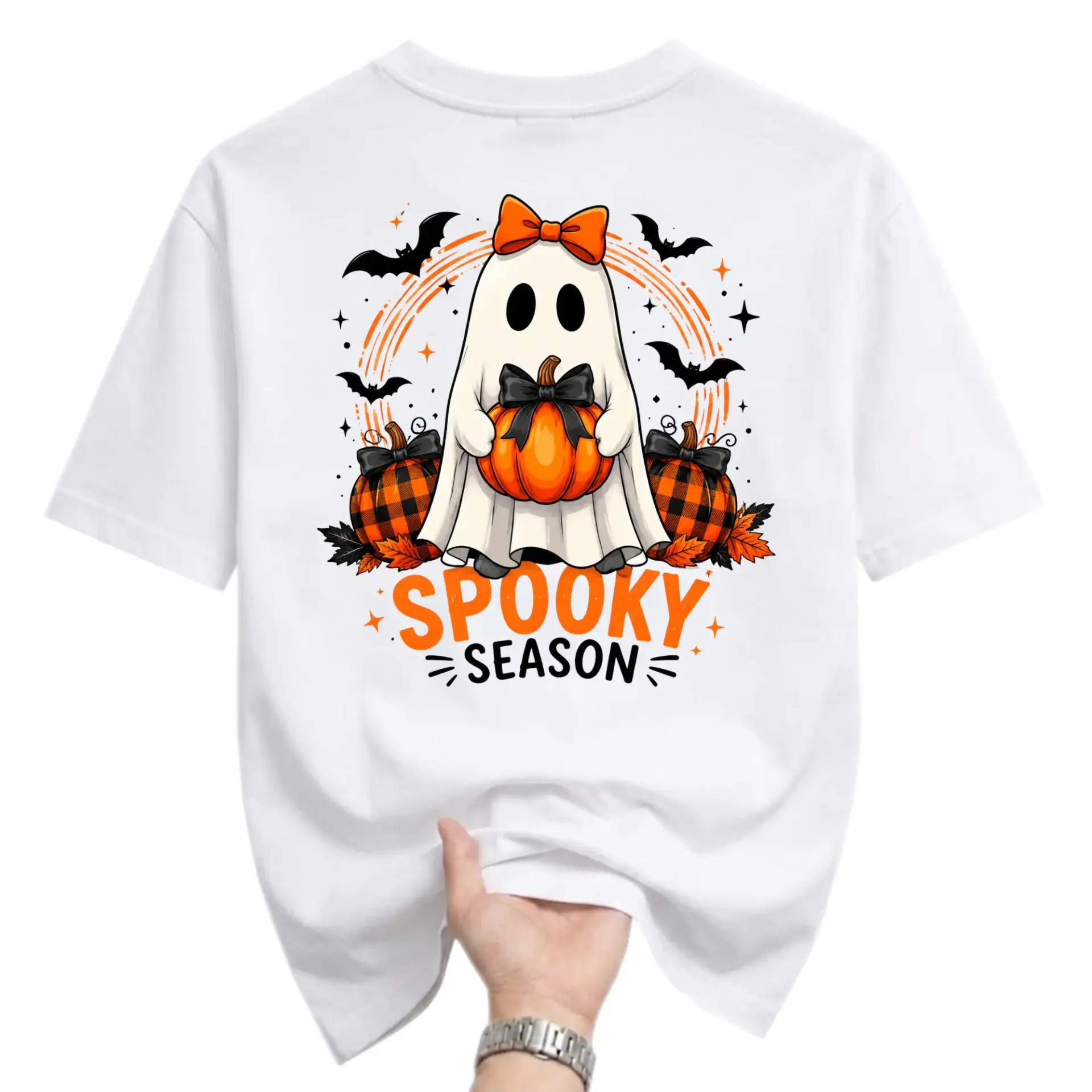 Graphic Tee Spooky Season Ghost Pumpkin Halloween Print Unisex Casual Crew Neck T-Shirt Soft Cotton Blend Top for Adults
