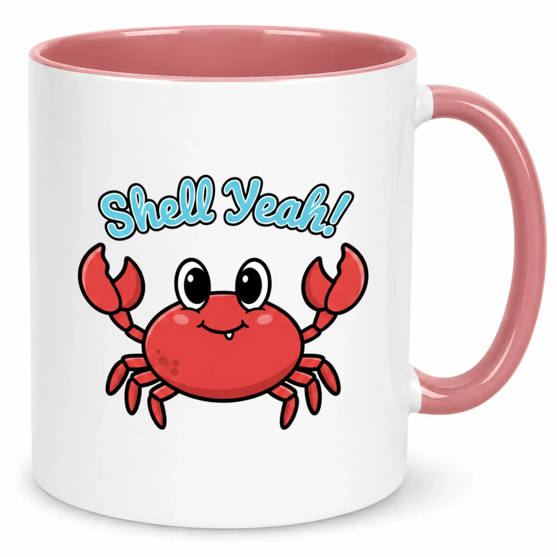 Funny Crab Pun Coffee Mug, Cute Shell Yeah! Ocean Animal Ceramic Mug with Pink Handle, Unique Beach Themed Drinkware Gift