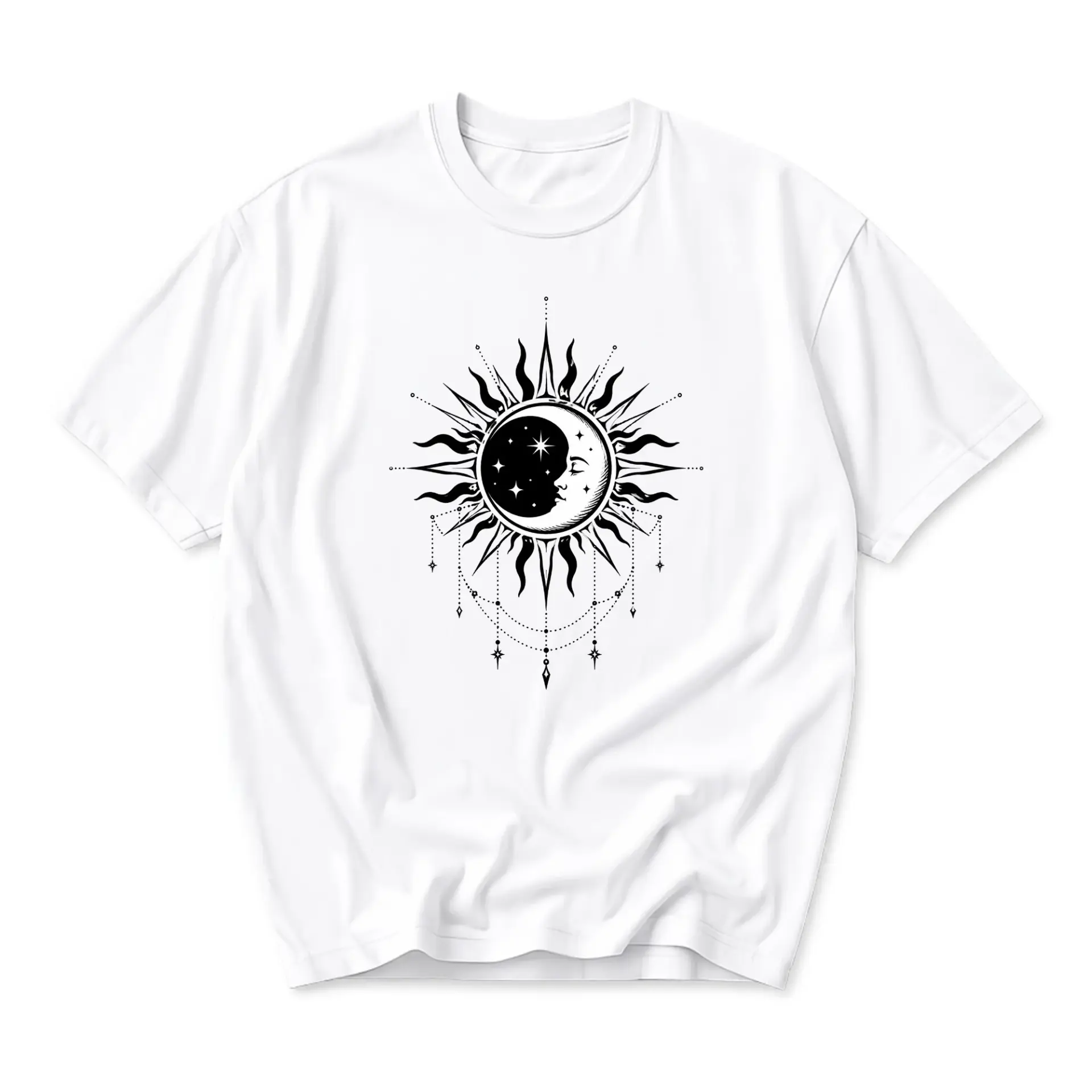 Graphic Tee Celestial Sun and Moon Print Unisex Crew Neck Shirt for Casual Everyday Wear and Artistic Style