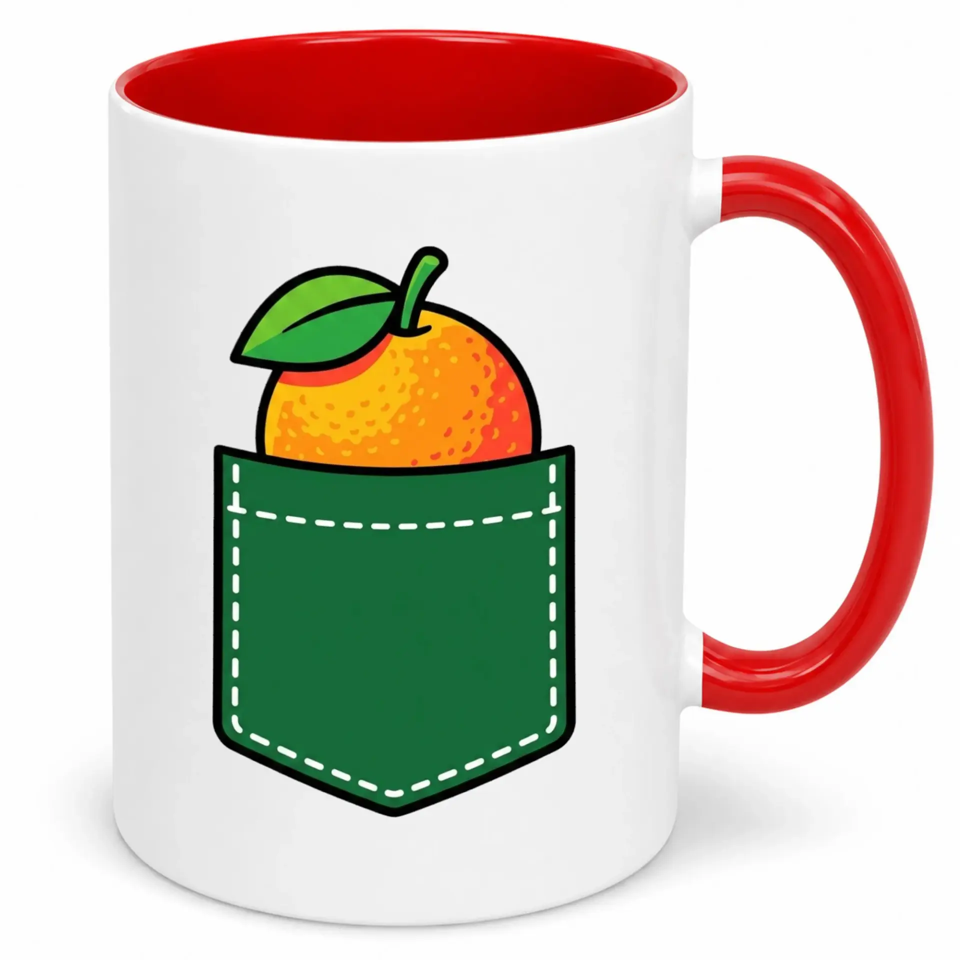 Funny Orange in a Pocket Ceramic Coffee Mug - Whimsical Fruit Themed White Mug with Red Handle for Hot Drinks