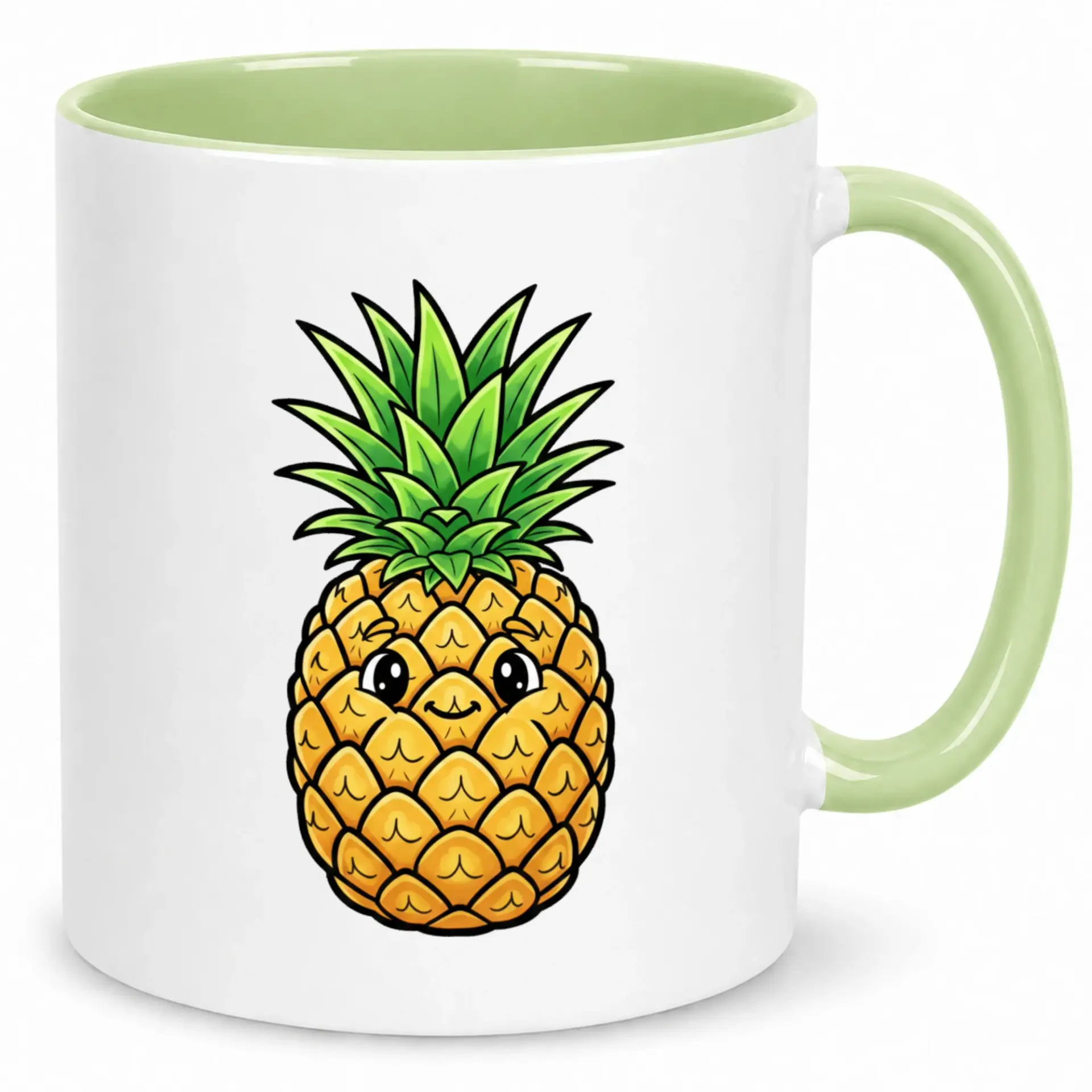 Cute Happy Pineapple Cartoon Ceramic Coffee Mug 11 Oz or 15 Oz Two Tone White and Green Design for Morning Beverages