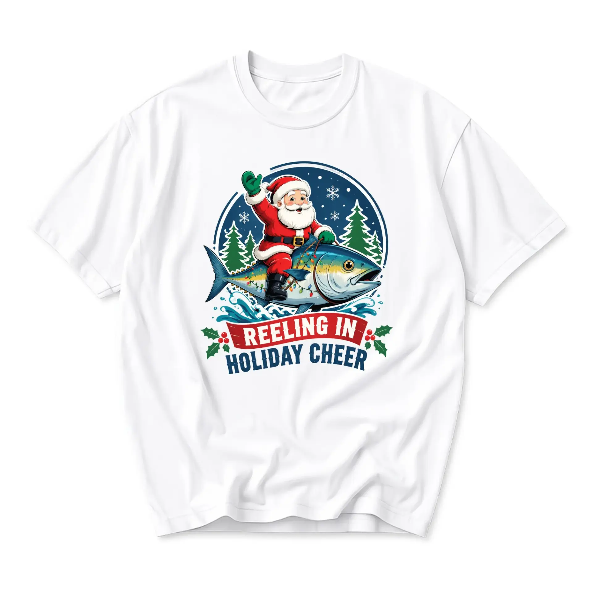 Funny Shirt Christmas Reeling in Holiday Cheer Graphic Tee Unisex Crew Neck