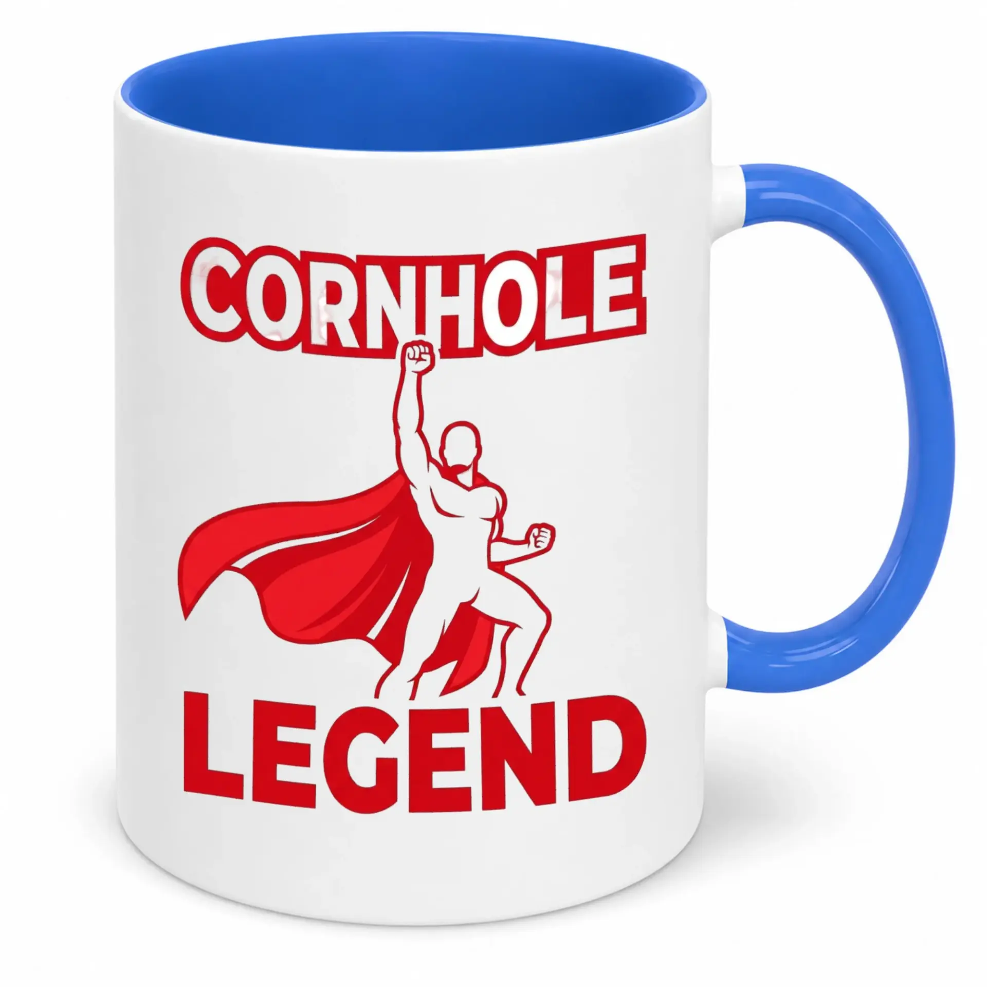 Funny Cornhole Legend Ceramic Coffee Mug with Superhero Design, Ideal Drinkware for Game Enthusiasts and Backyard Fun