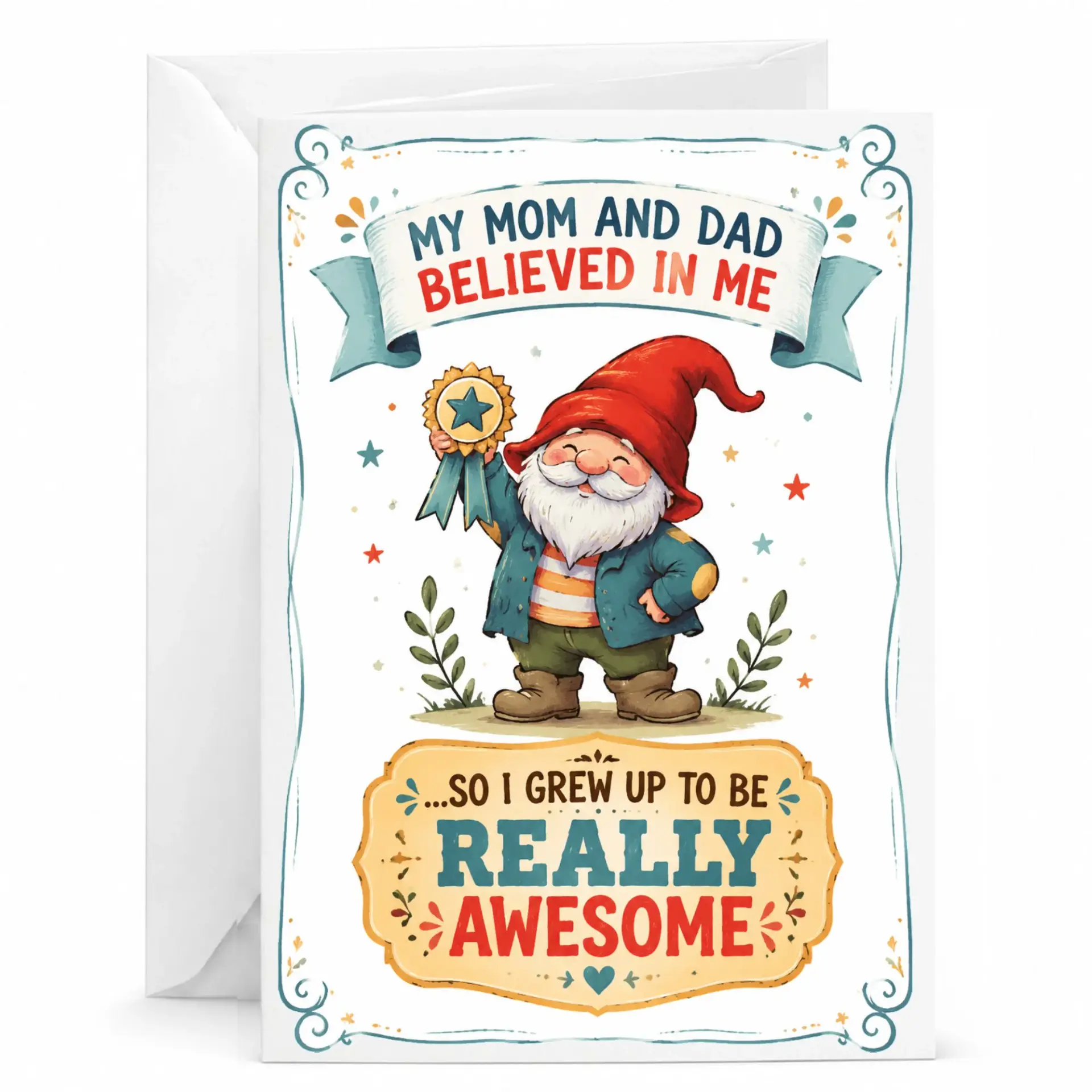 Funny Greeting Card for Parents Featuring Cute Gnome Character with Humorous Appreciation and