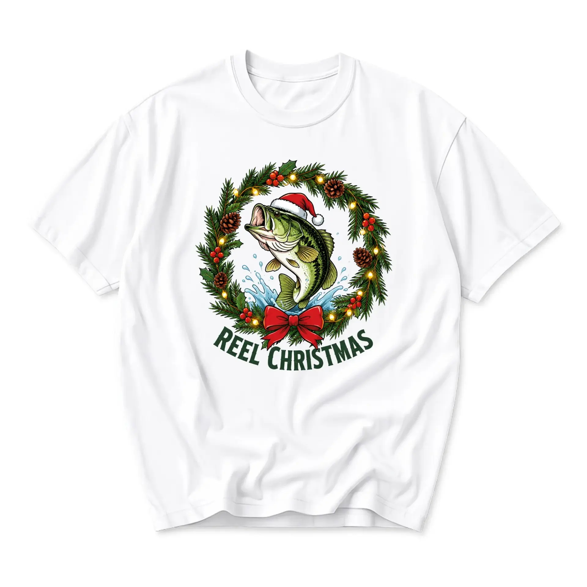 Funny Shirt Reel Christmas Fishing Graphic Tee Holiday Season Unisex Crew Neck Casual Wear Soft Cotton Blend Top
