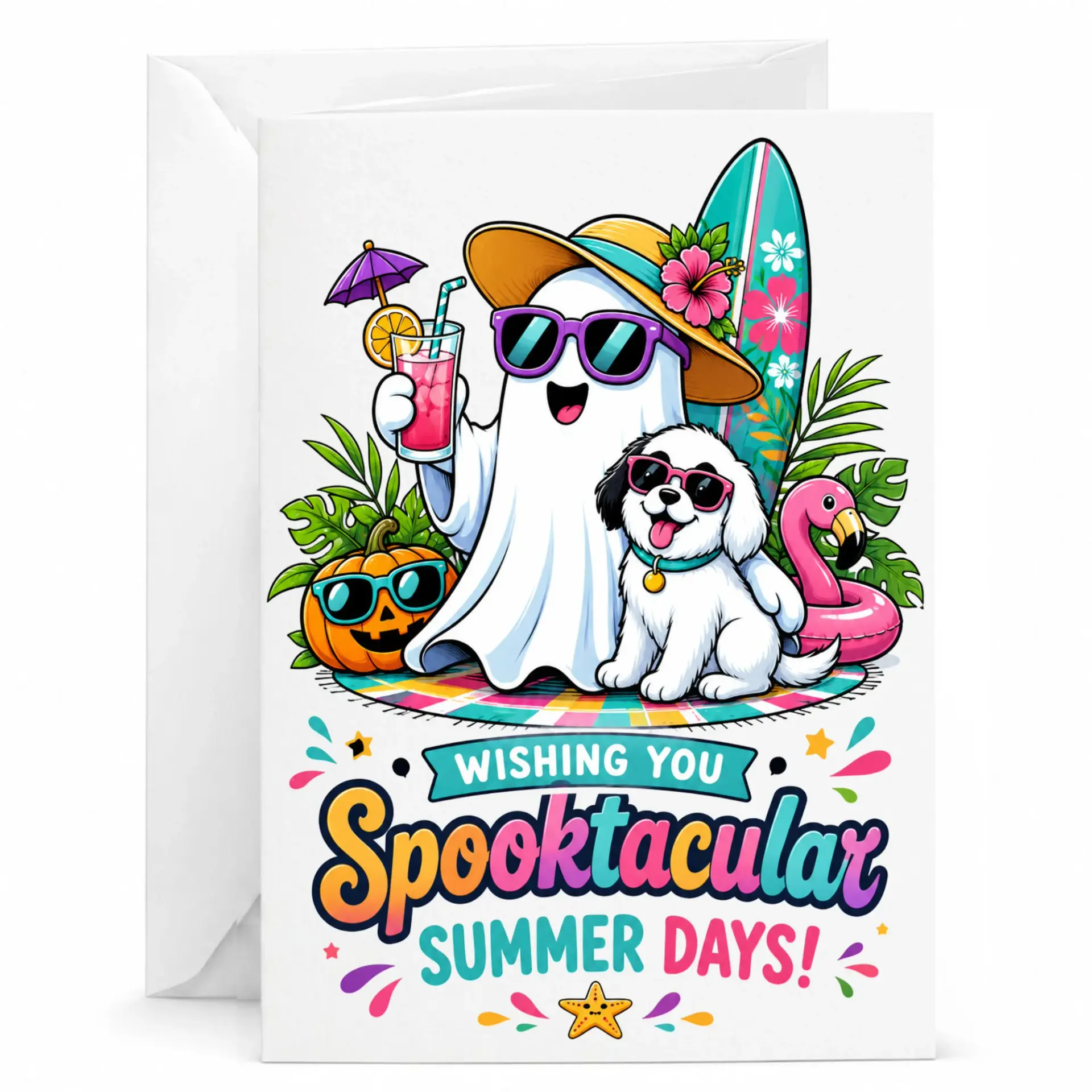 Funny Greeting Card Wishing You Spooktacular Summer Days with Cute and Puppy Tropical Beach Scene Design