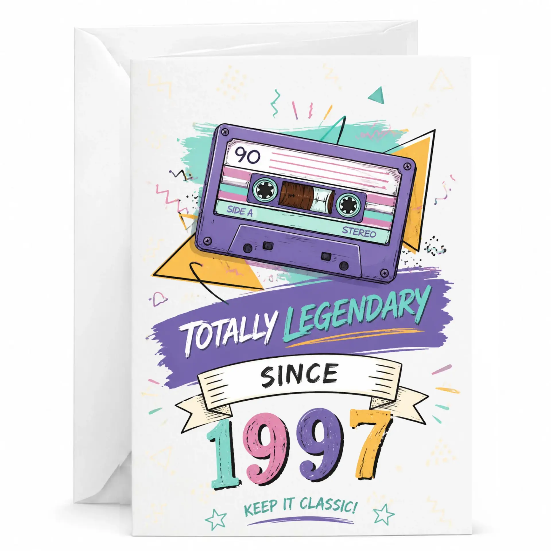 Funny Retro Cassette Tape Birthday Card Totally Legendary Since 1997 Greeting Card with Matching White Envelope
