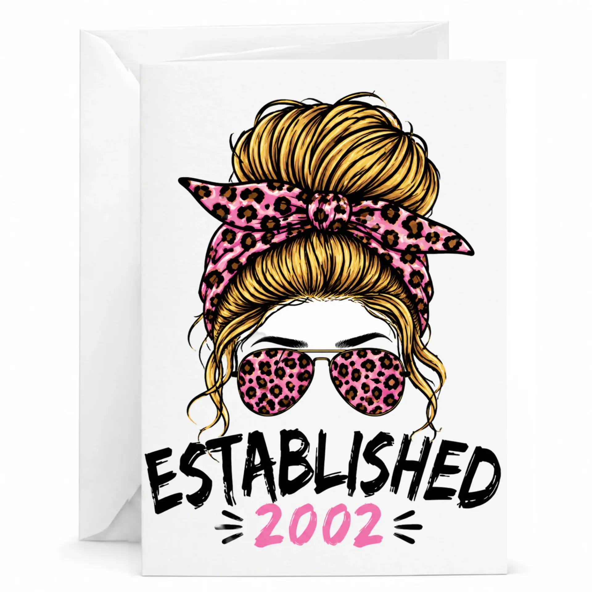 Birthday Card Established 2002 Funny Messy Bun Sunglasses Print Greeting Card for Milestone Birthday Anniversary