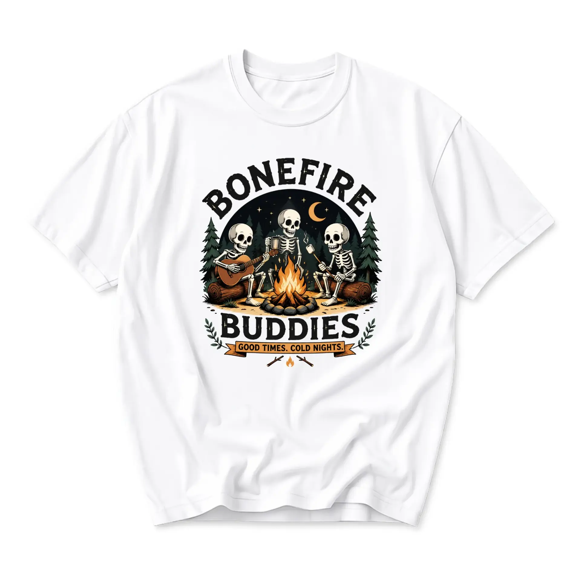 Graphic Tee Bonefire Buddies Skeleton Camping Design Casual Unisex Crew Neck Short Sleeve Shirt for Everyday Wear