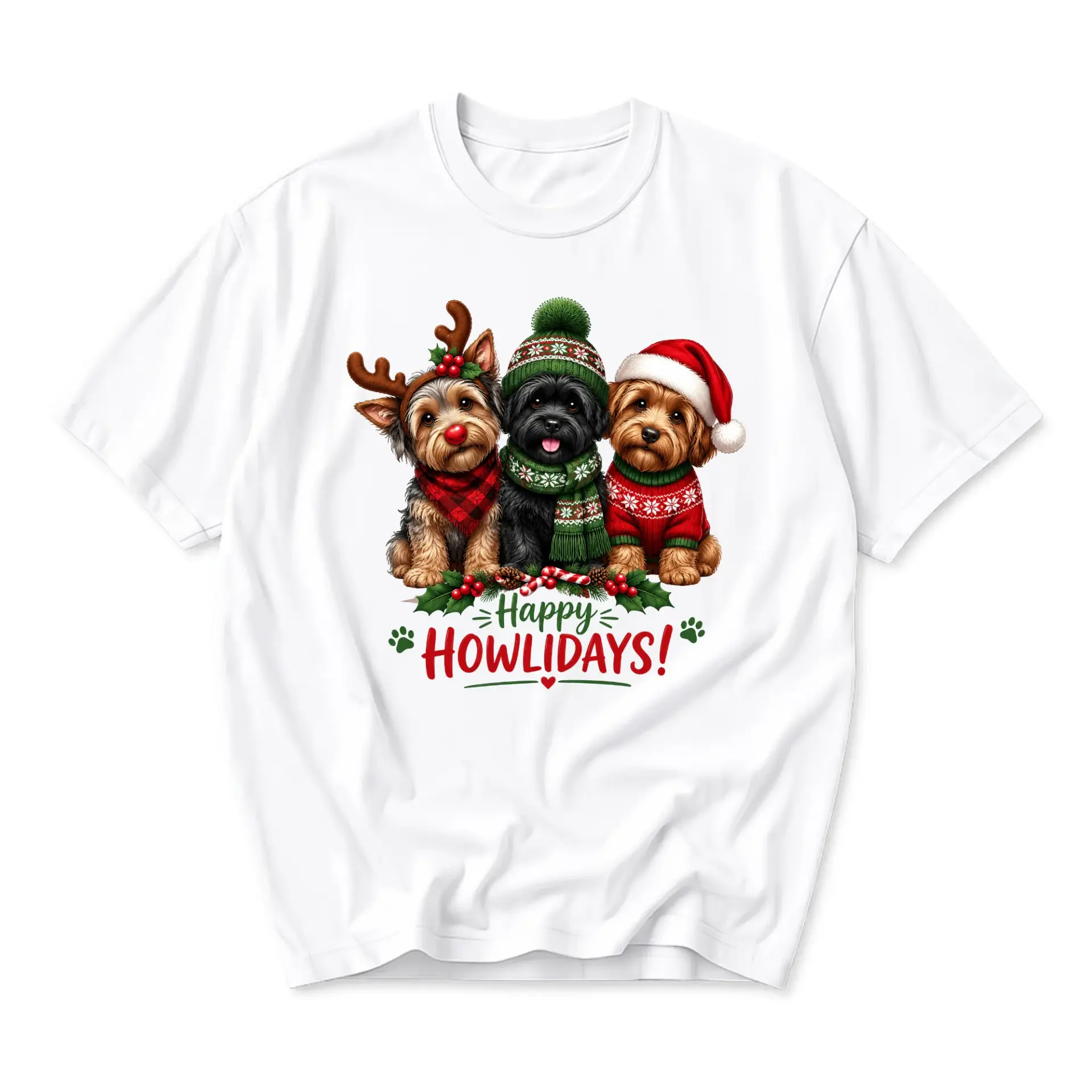 T-shirt Happy Howlidays Graphic Tee Featuring Three Cute Wearing Festive