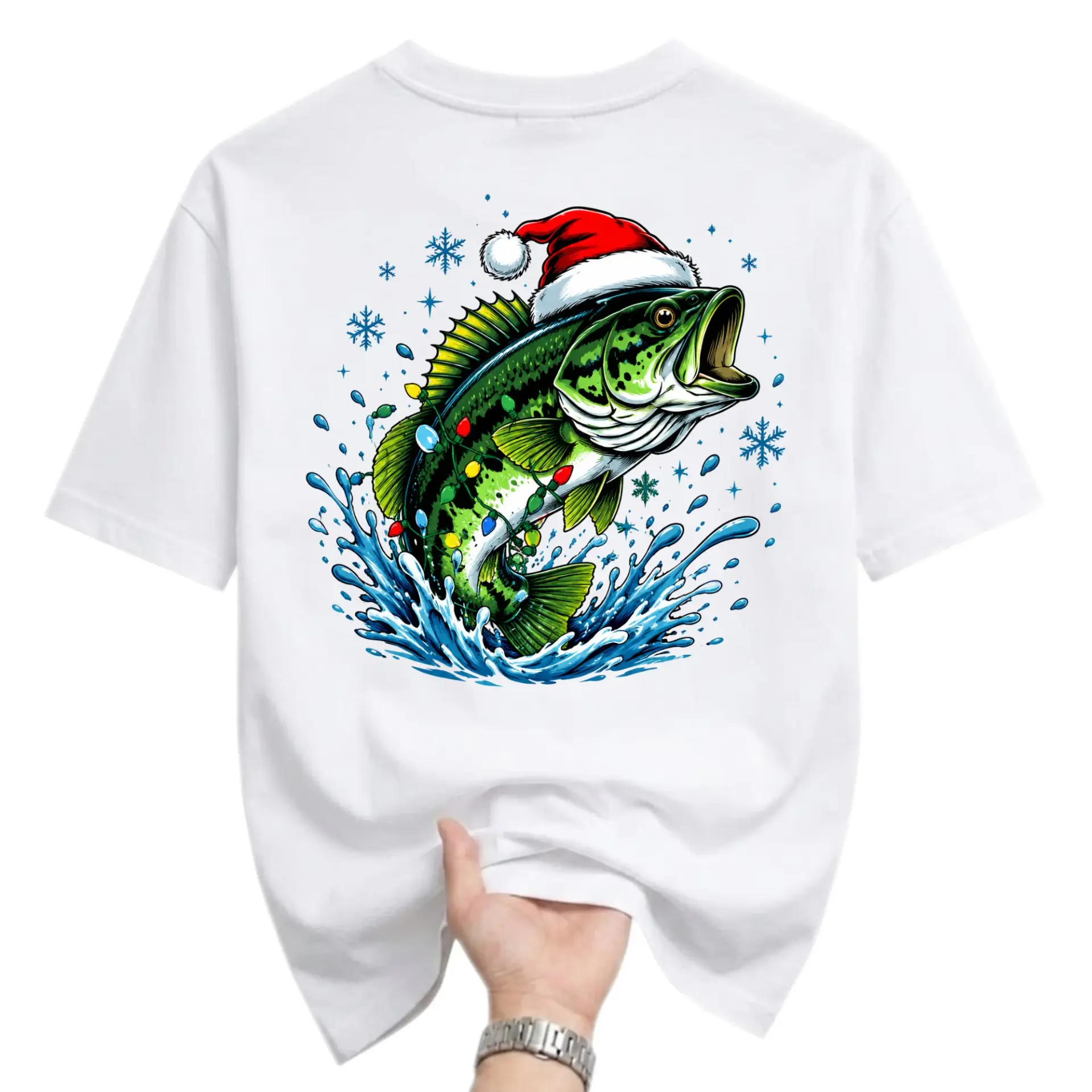Graphic Tee Christmas Fishing Shirt Featuring a Large Mouth Wearing a Santa Hat with Holiday Lights and Snowflakes