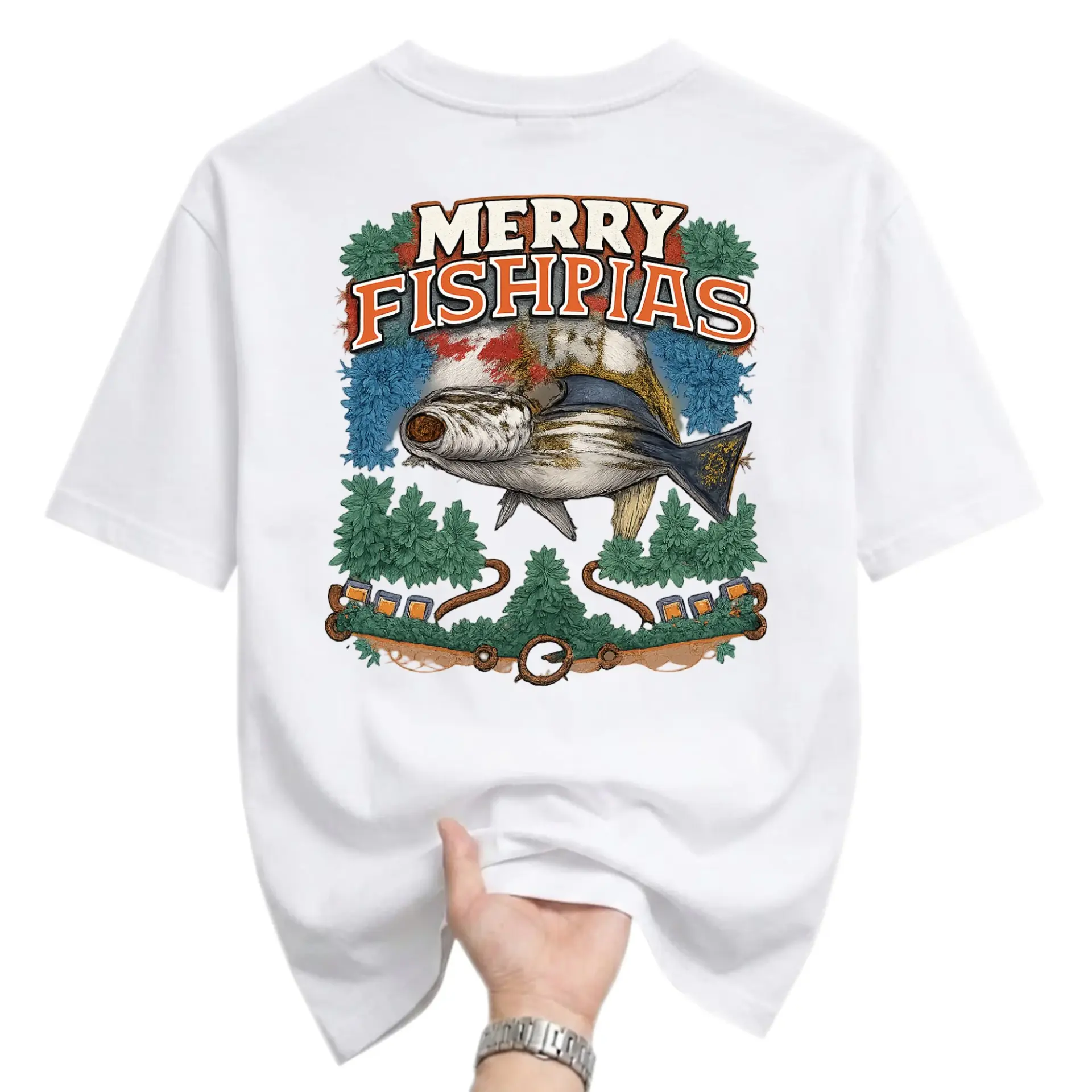 Funny Shirt Merry Fishpias Graphic Tee Unisex Short Sleeve Cotton Crew Neck Casual Top for Fishing Enthusiasts