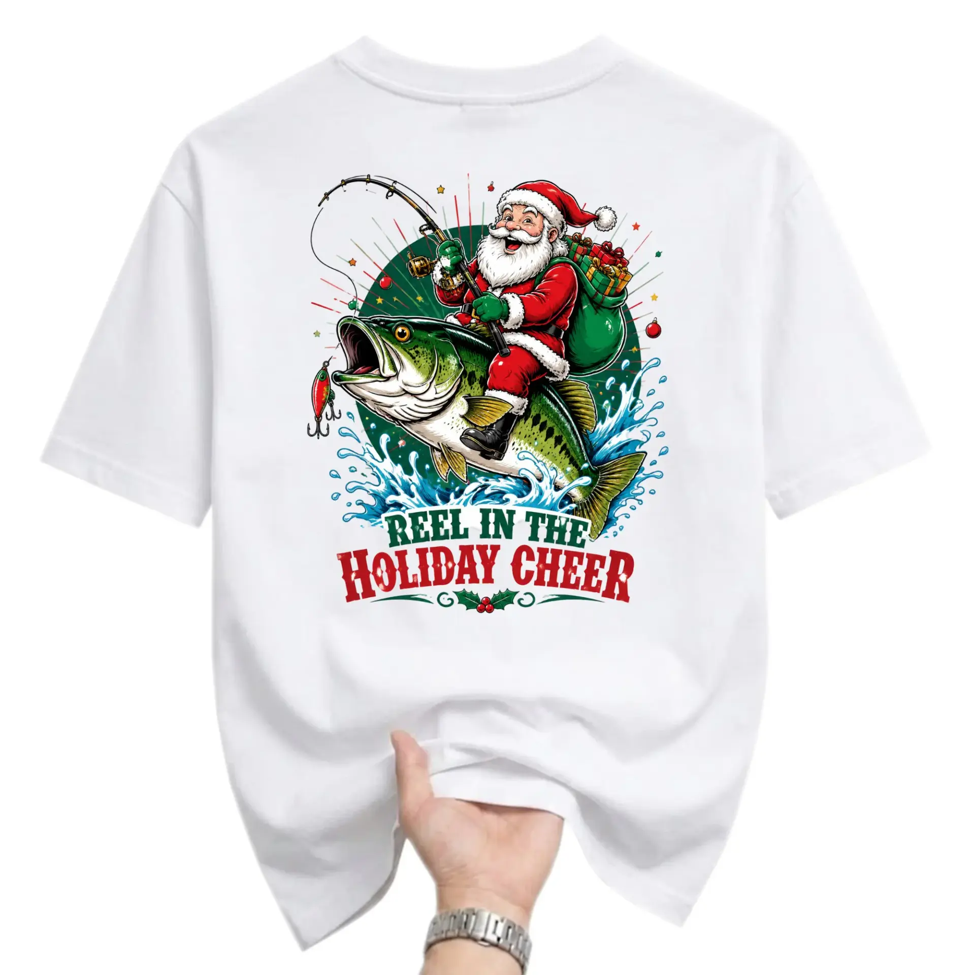 Funny Shirt Reel in the Holiday Cheer Graphic Tee Santa Claus Fishing