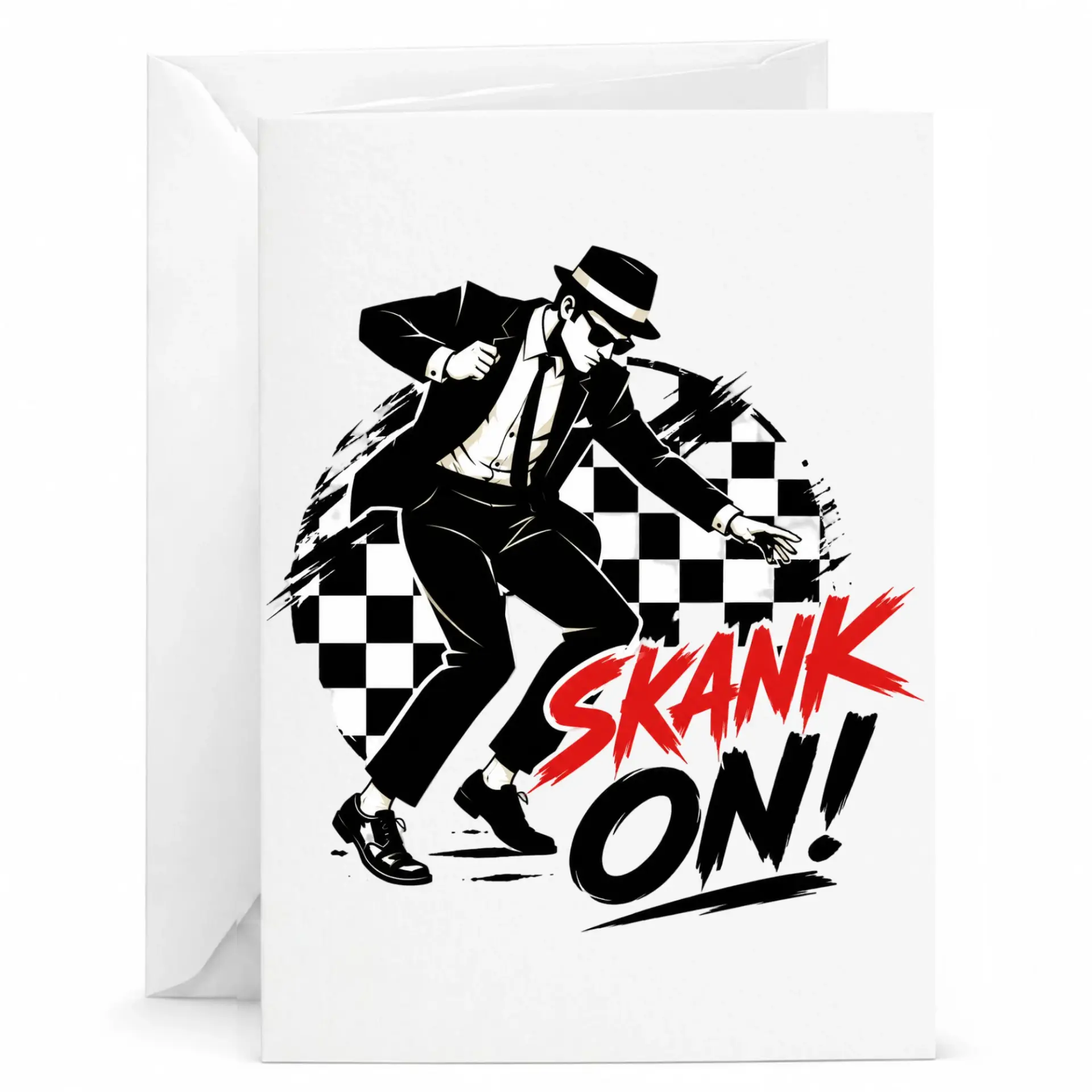Greeting Card Skank on Ska Music Inspired Design Featuring Retro Suit and Hat Dancer Illustration for Music Lovers