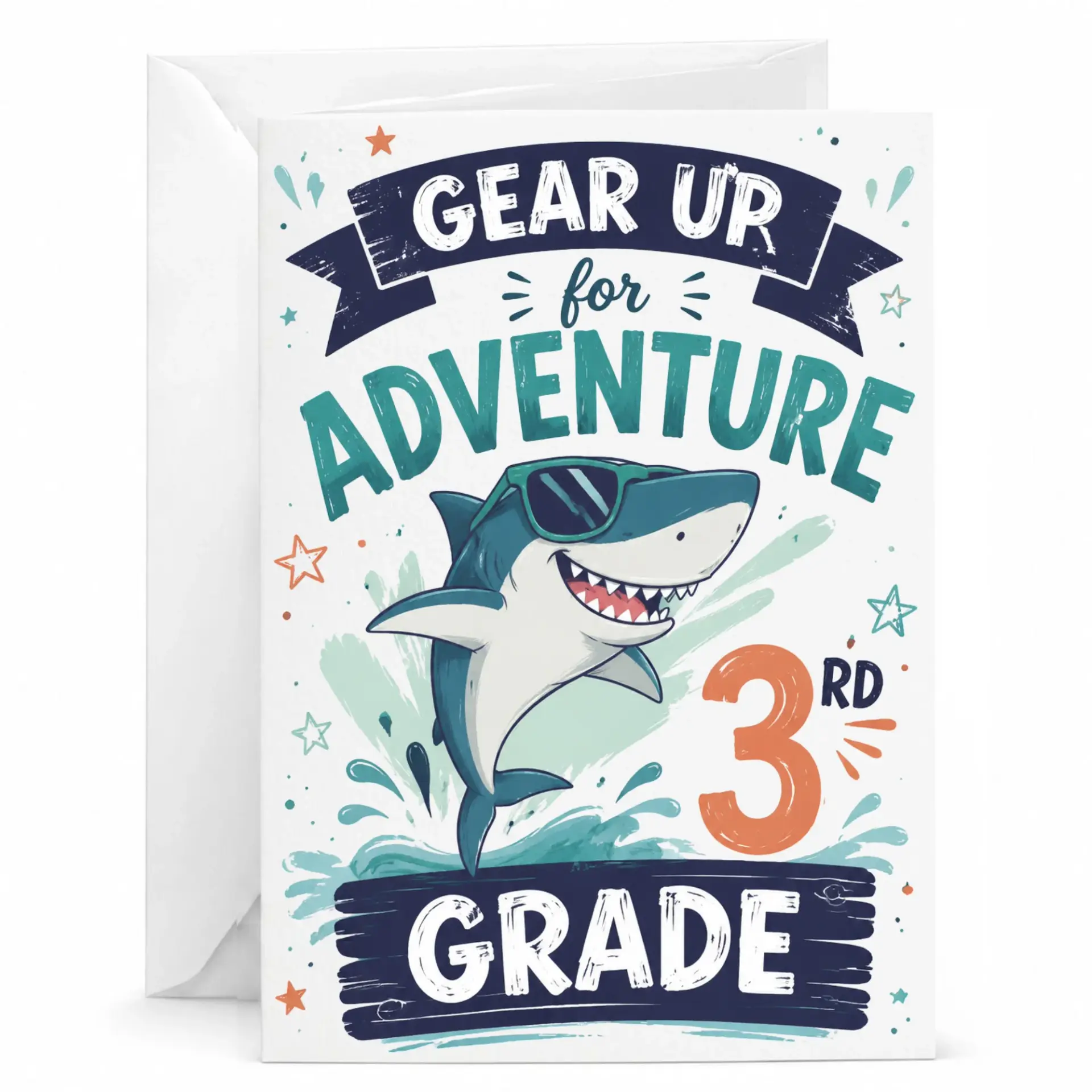 Funny Shark Adventure Greeting Card for Third Achievement Milestone with Matching White Envelope Included