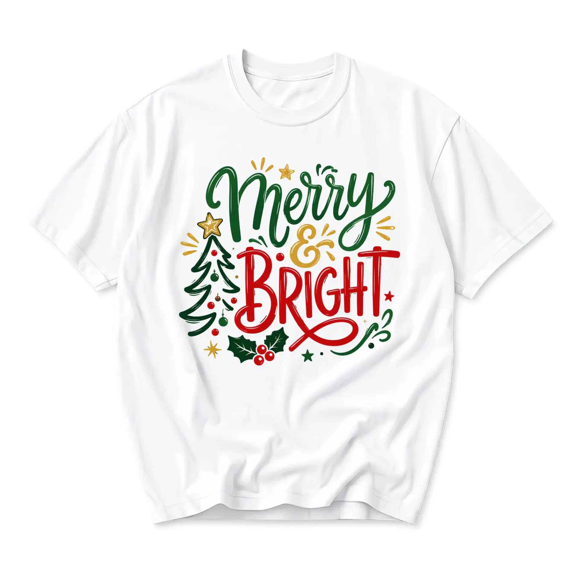 Graphic Tee Merry and Bright Christmas Tree Holiday Unisex Crew Neck Shirt for Casual Seasonal Celebration Outfits
