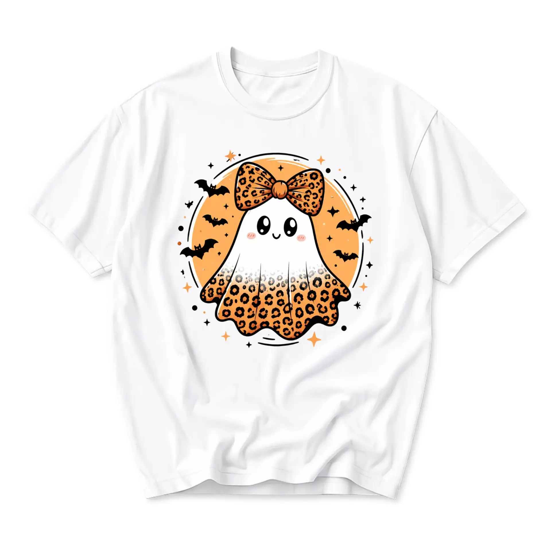 Graphic Tee Cute Ghost with Leopard Print Bow Halloween Unisex Short Sleeve Casual Everyday Cotton Crew Neck Shirt