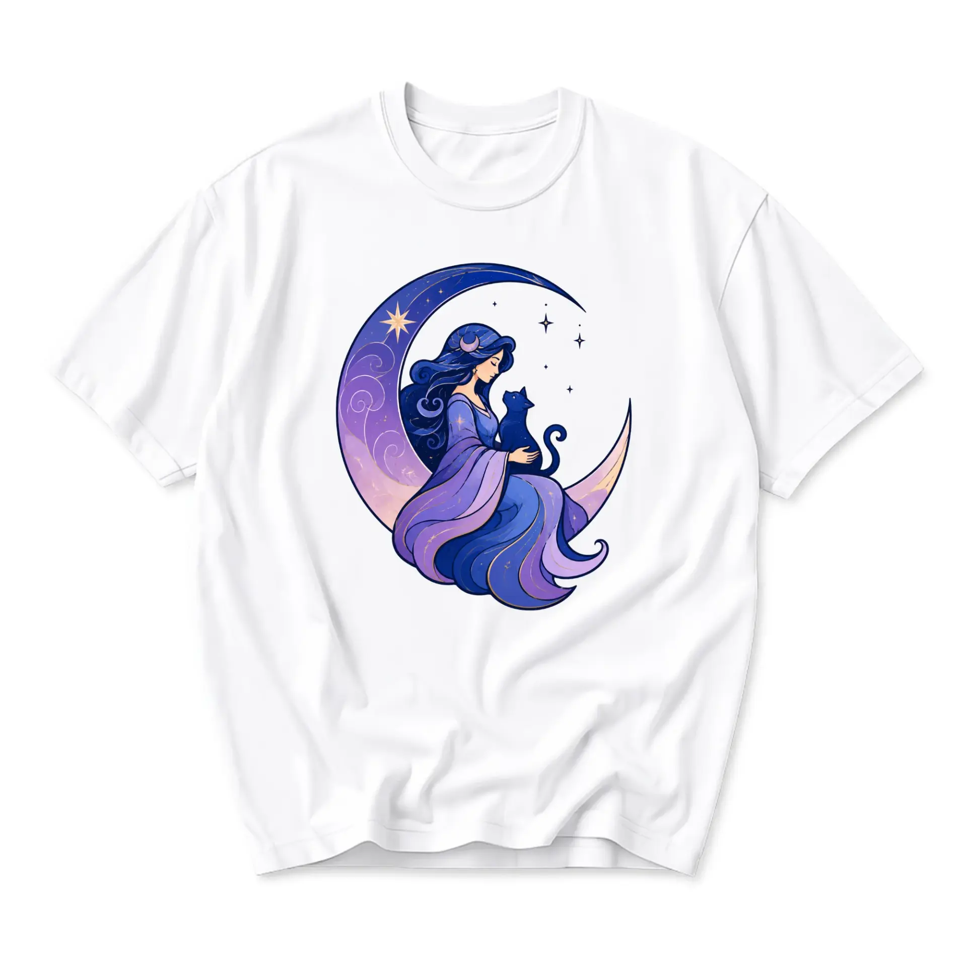 Graphic Tee Moon Maiden and Cat Illustration Unisex Crew Neck Soft Cotton Casual Everyday Top for Astrology Lovers
