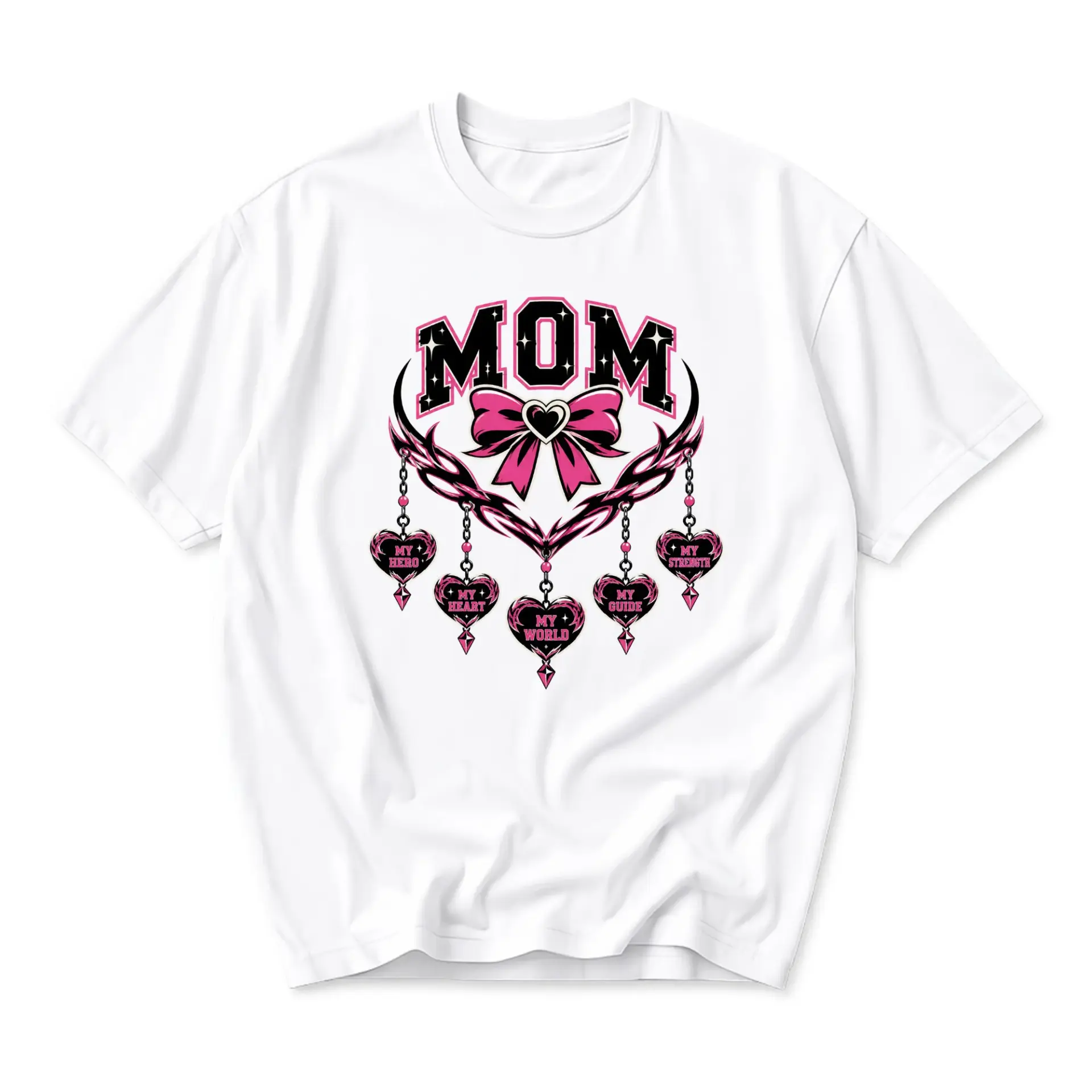 Graphic Tee Mom Bow and Heart Charms Print Unisex Casual Crew Neck T-Shirt for Everyday Comfort and Style