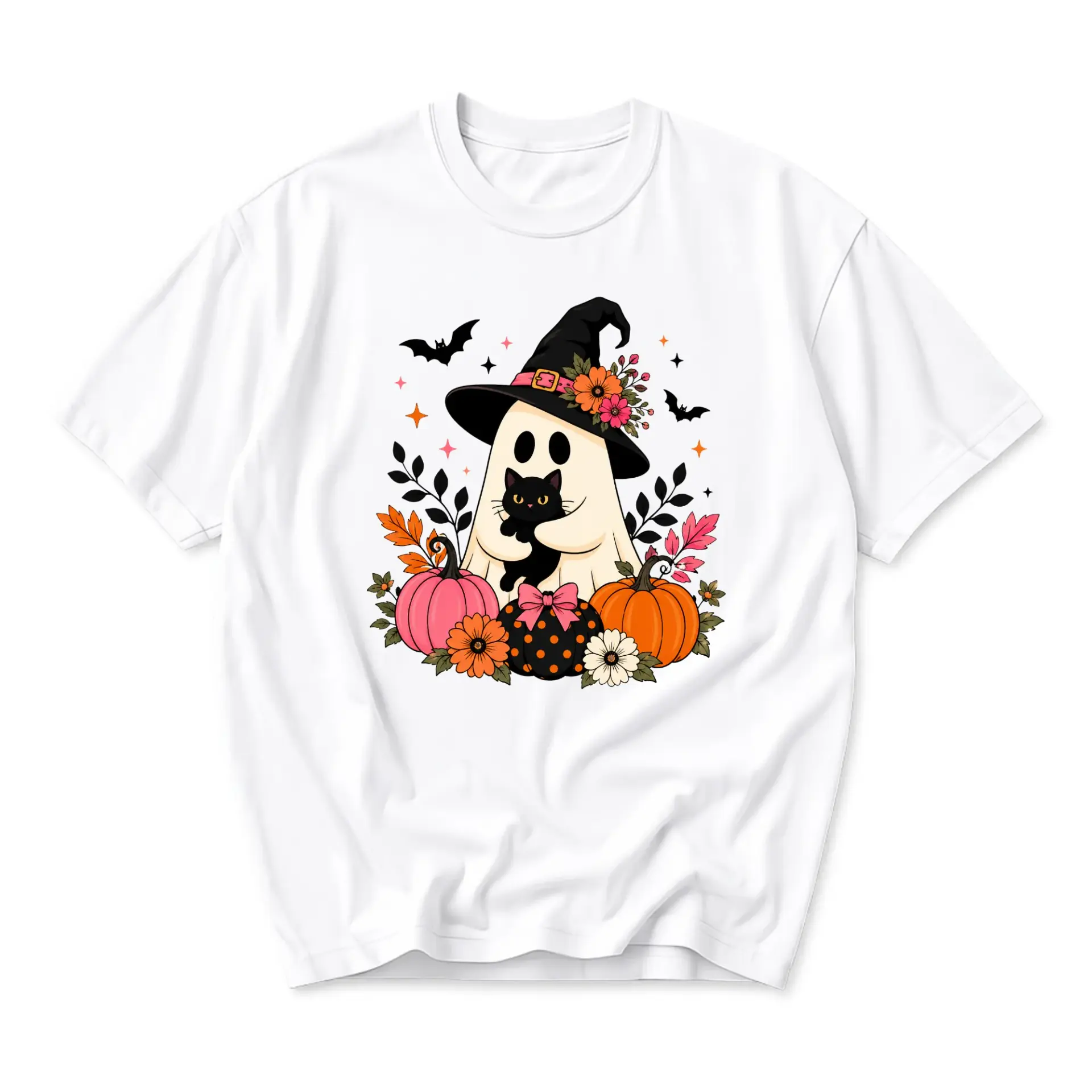 Graphic Tee Cute Ghost Wearing Witch Hat Holding Black Cat Surrounded by Fall Pumpkins and Floral Halloween Art