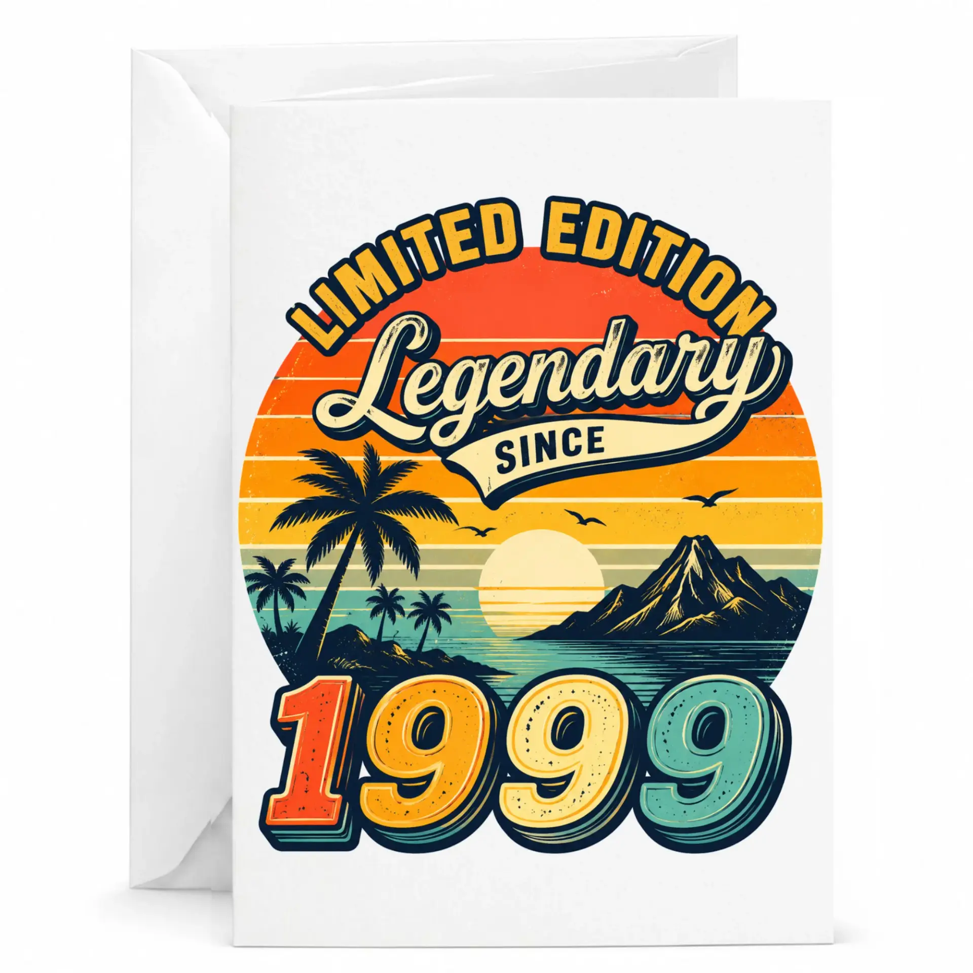Birthday Card Legendary Since 1999 Vintage Sunset Tropical Palm Tree Greeting Card for Milestone Birthday Anniversary