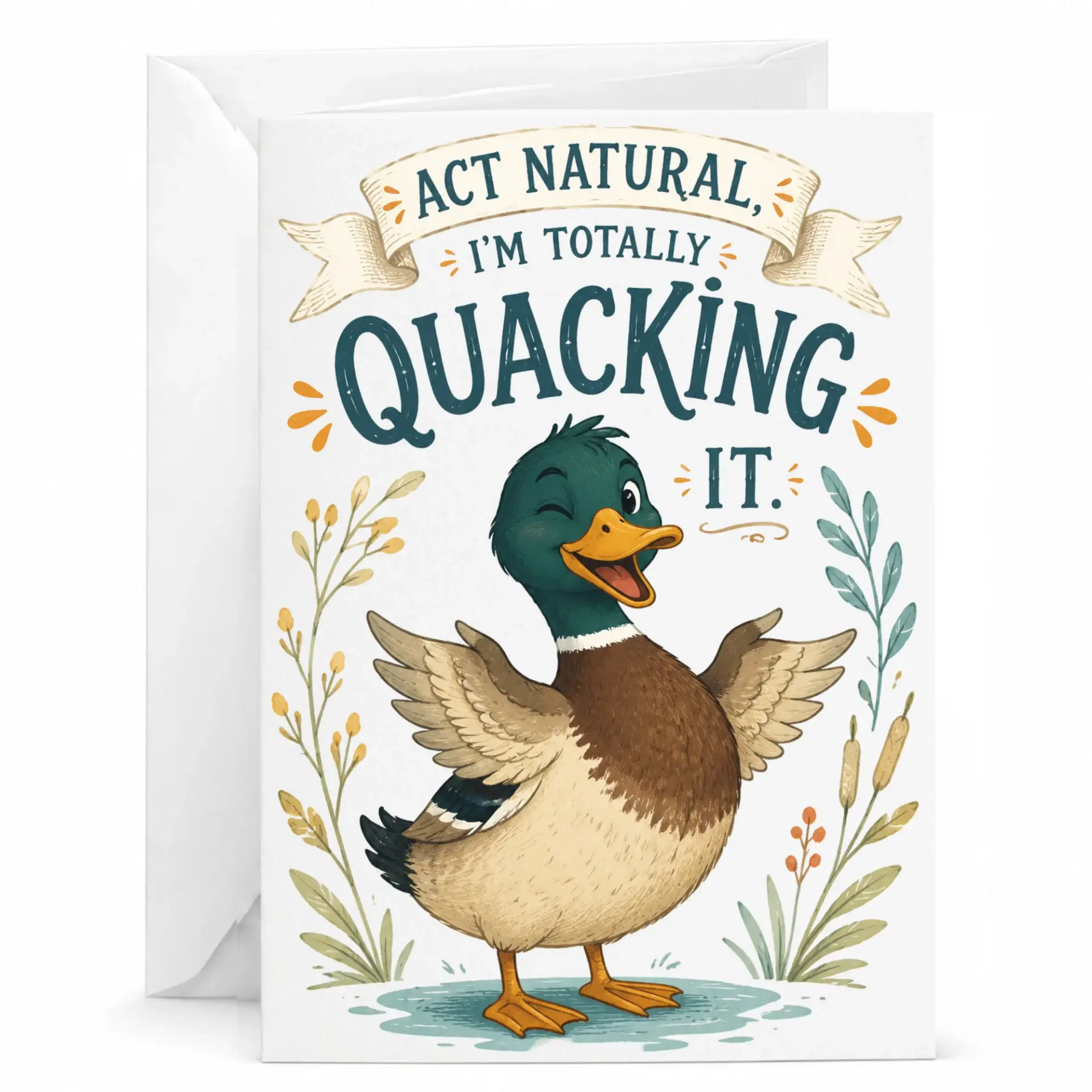 Funny Duck Greeting Card Act Natural I Am Totally Quacking It Pun Card for Birthday or Encouragement with Envelope